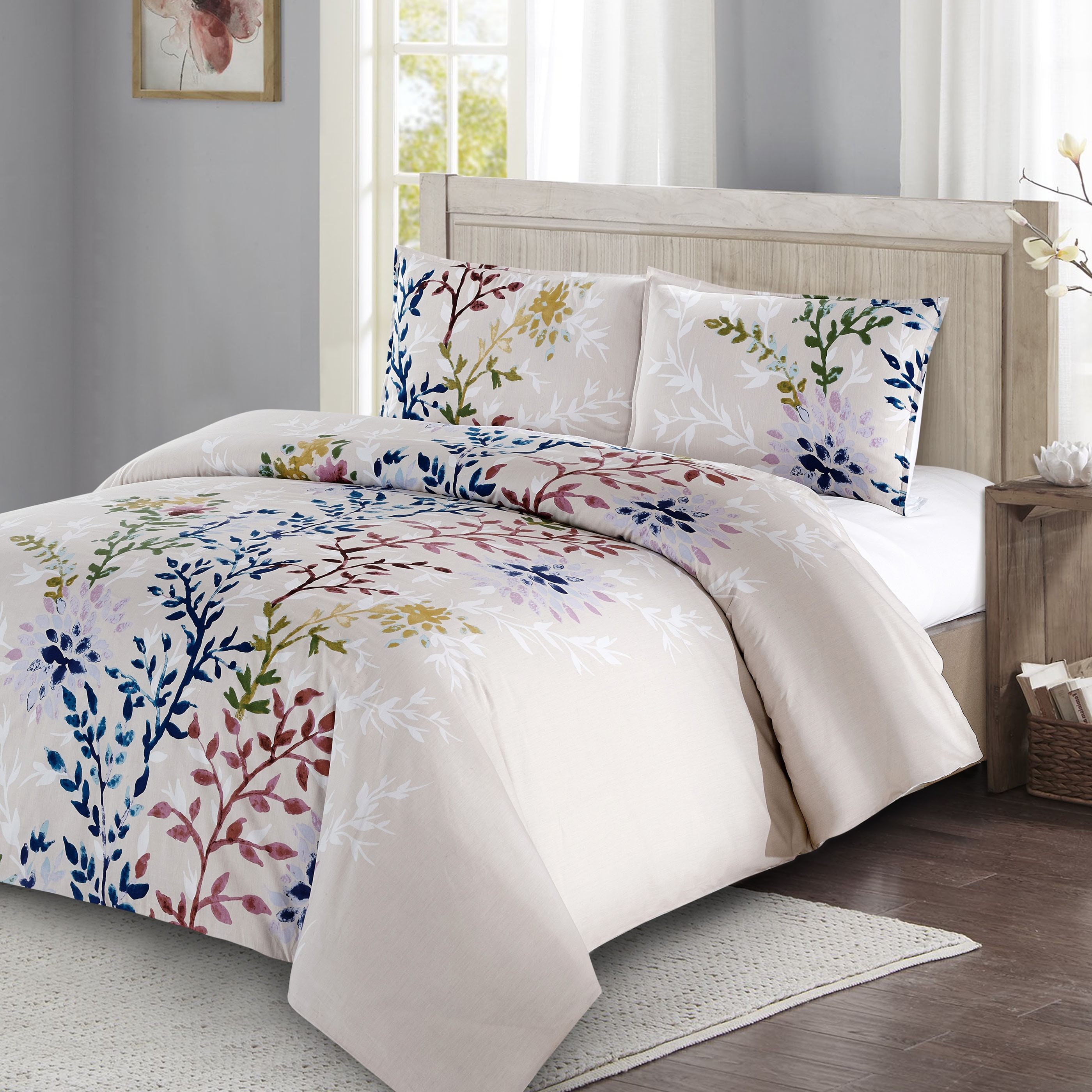 Floral Design Duvet Cover Set King Bed Size in Blues Polycotton 