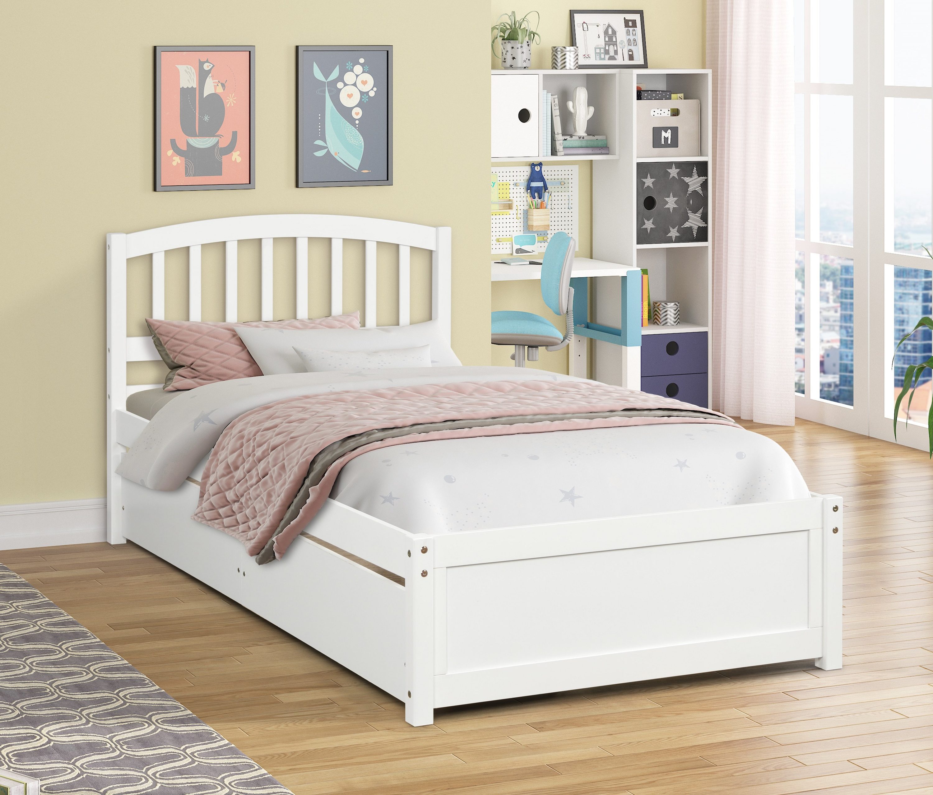 Wood platform bed with two drawers Twin/Full Size Bed Frame With Headboard White 