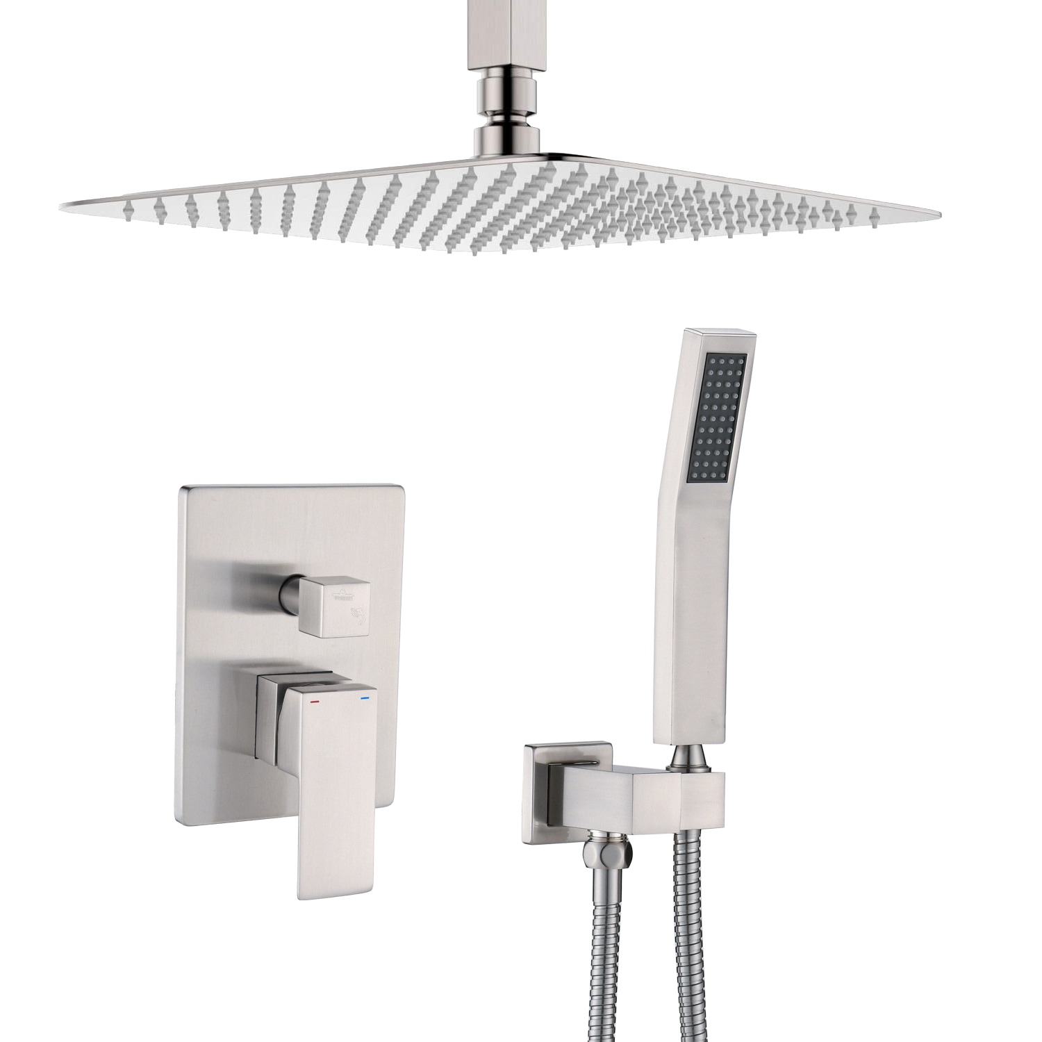 Brushed Nickel Shower Faucet Set Ceil Mounted 16" Rainfall Head with mixer Valve 