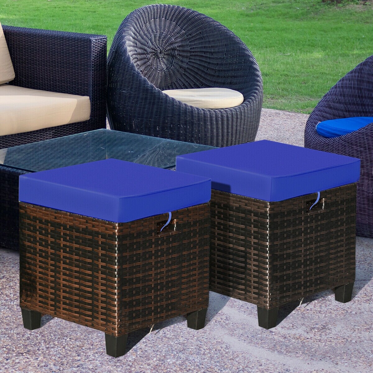 Happygrill 2 Pieces Patio Ottoman Set Outdoor Rattan Wicker Ottoman Seat with Removable Cushions Patio Furniture Footstool Footrest Seat