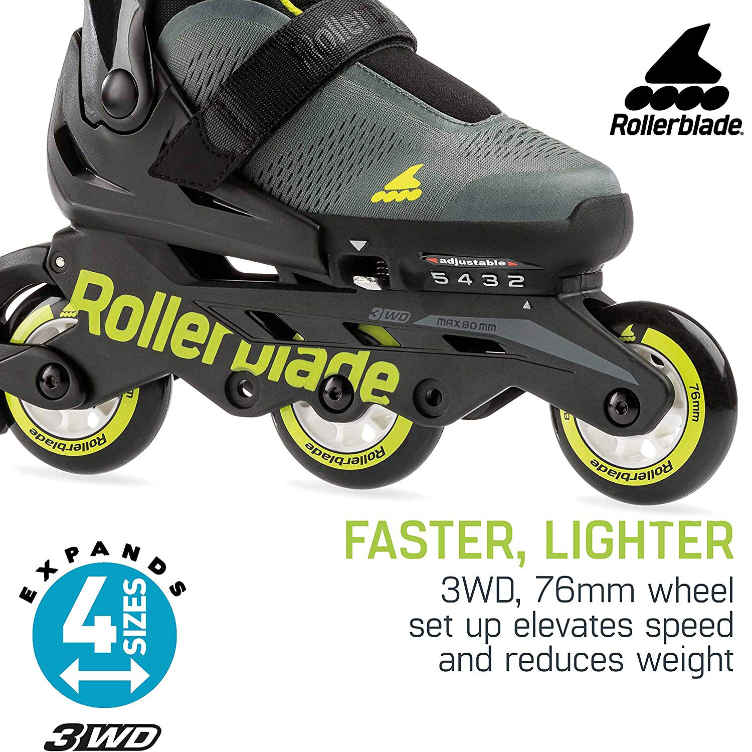 Rollerblade Microblade 3WD Inline Adjustable Roller Skates for Kids Black 
