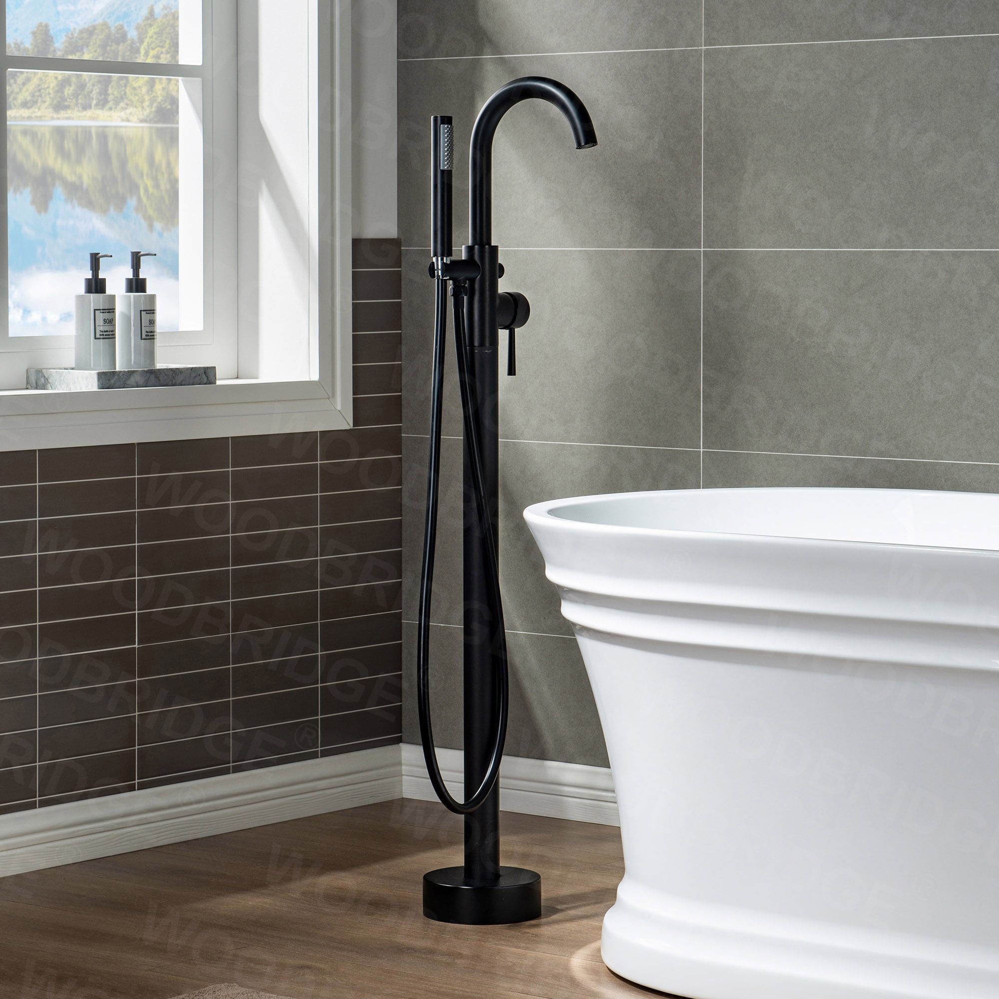 Black Freestanding Tub Filler Bathtub Faucet Floor Mount&Hand Shower Mixer Tap1 