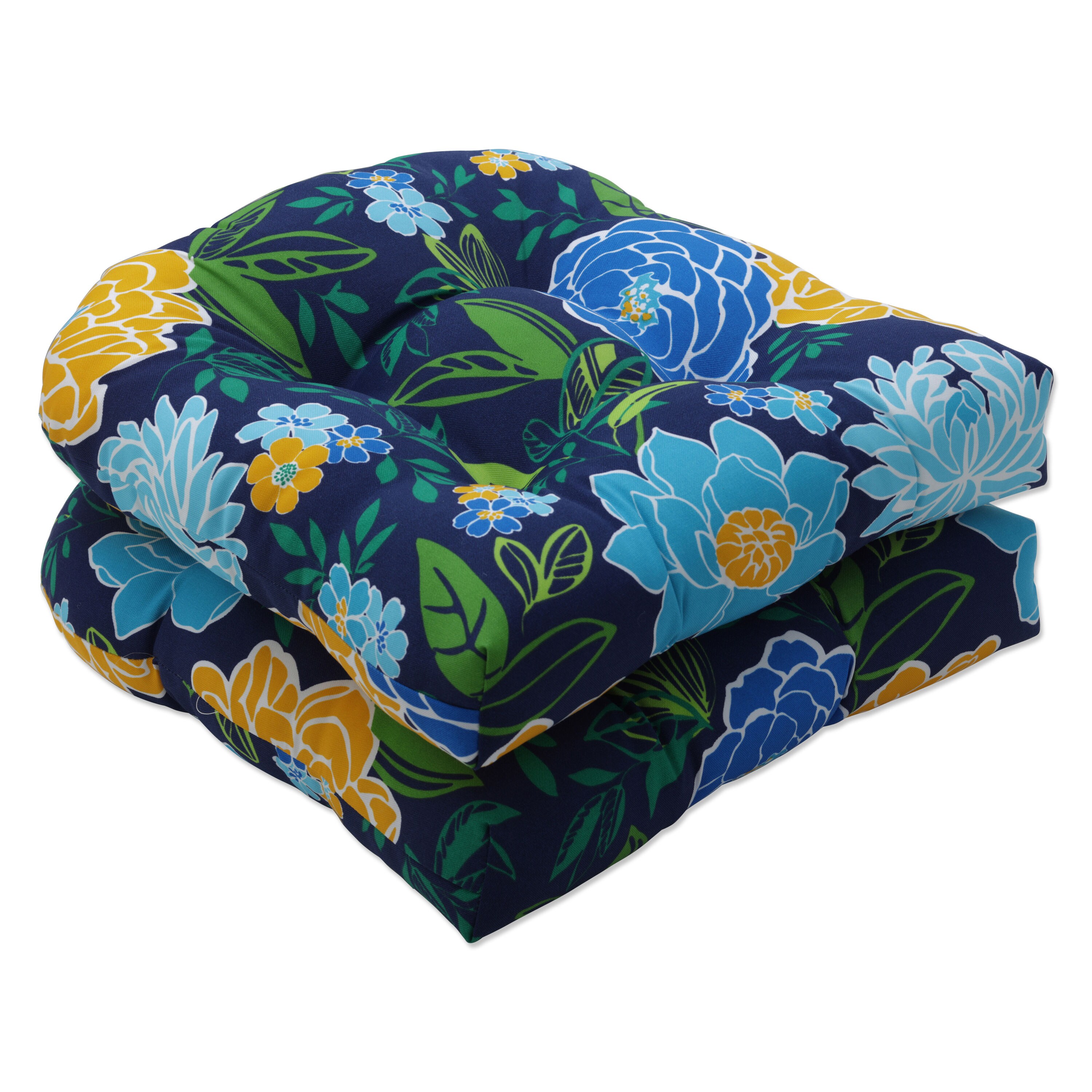 Pillow Perfect Indoor/Outdoor Black/Yellow Floral Wicker Seat Cushions 2-Pack 