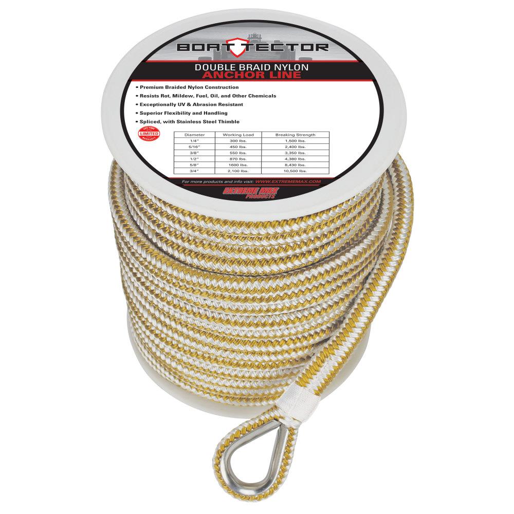 Rainier Supply Co Boat Anchor Rope 100 ft x 1/2 inch White/Gold Double Braided Nylon Anchor Line/Boat Rope with 316SS Thimble and Heavy Duty Marine Grade Snap Hook 