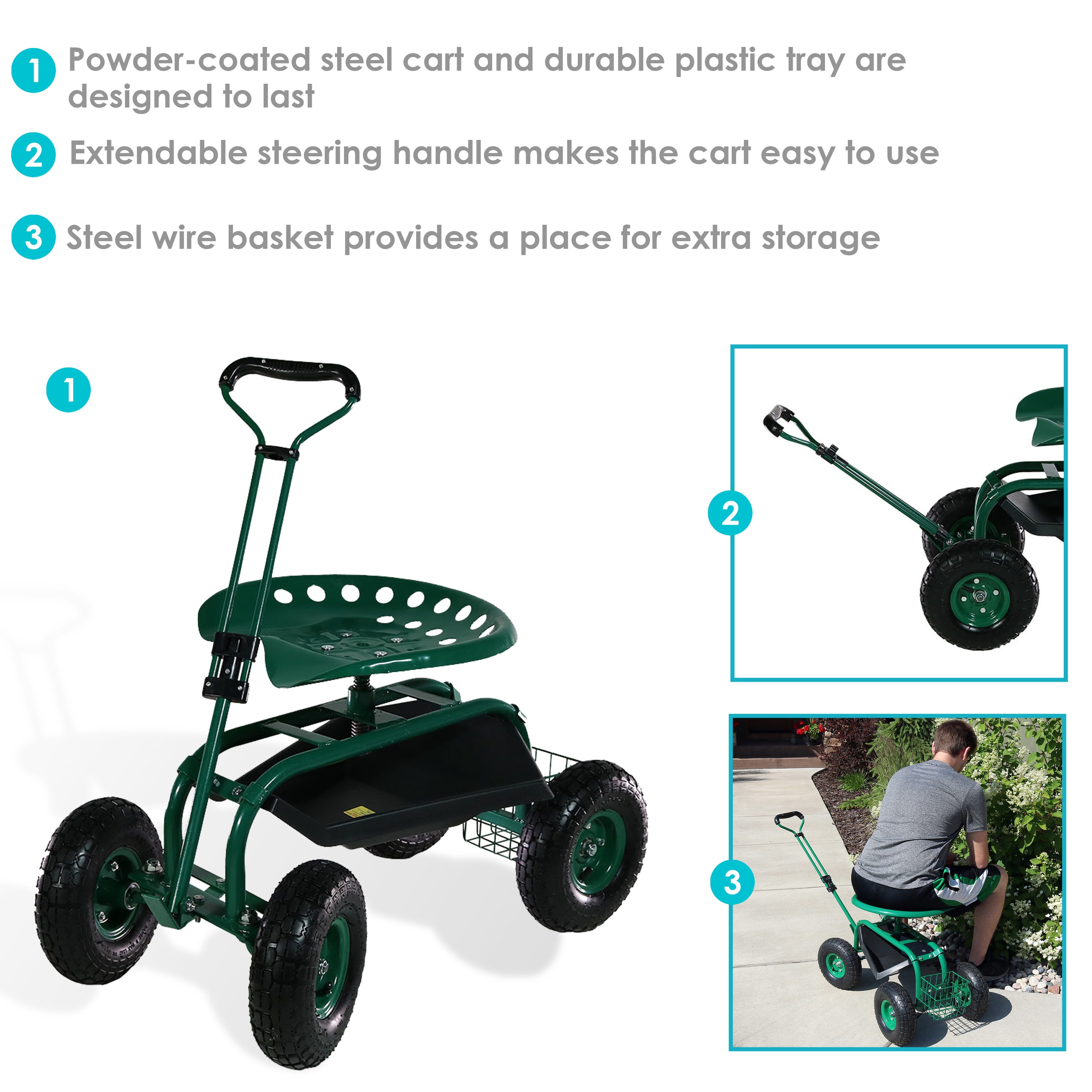 Sunnydaze Rolling Garden Cart w/ Extendable Steering Handle Seat & Tray Blue 