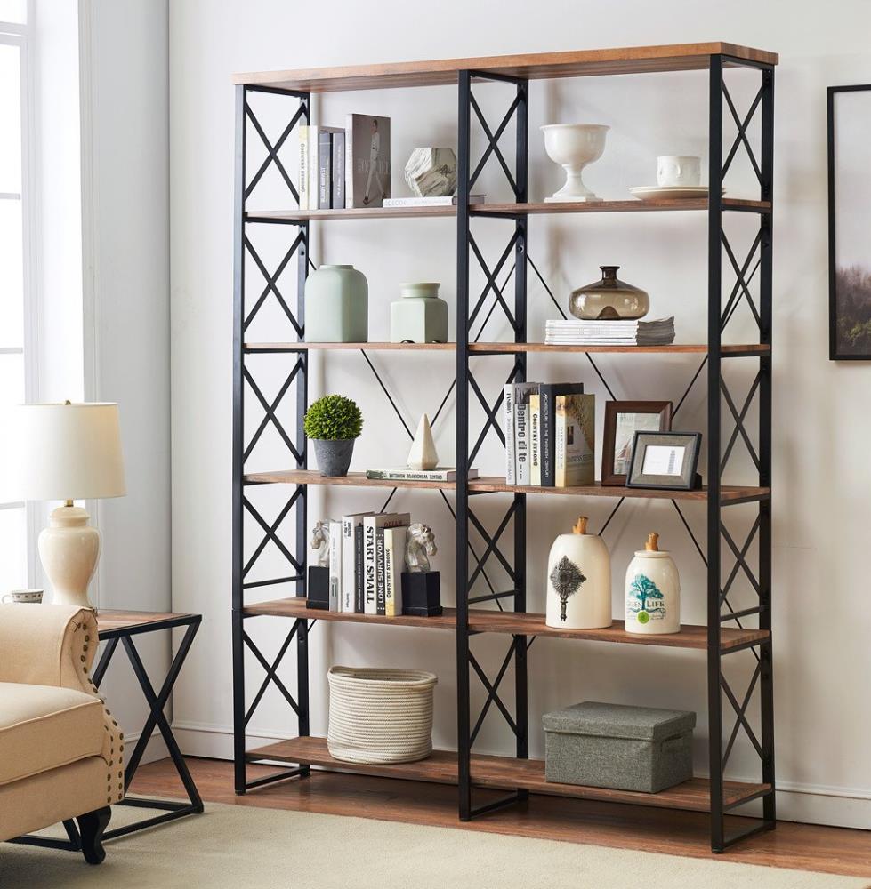 Modern Triple Wide 6-Shelf Bookcase Black Metal Frame Storage for Home Office US 