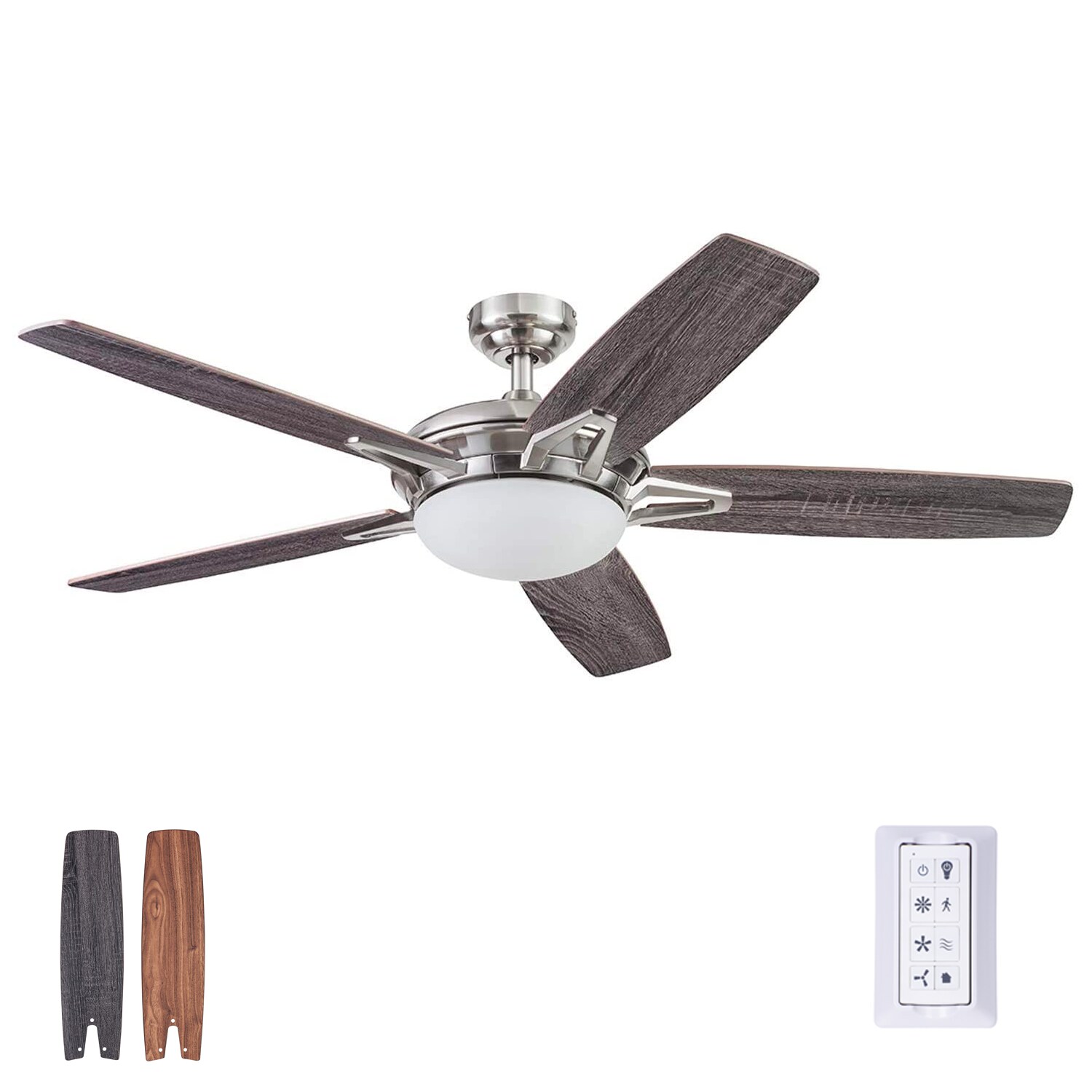 Indoor Brushed Nickel Ceiling Fan with LED Light Kit and Reversible Blades 52in. 