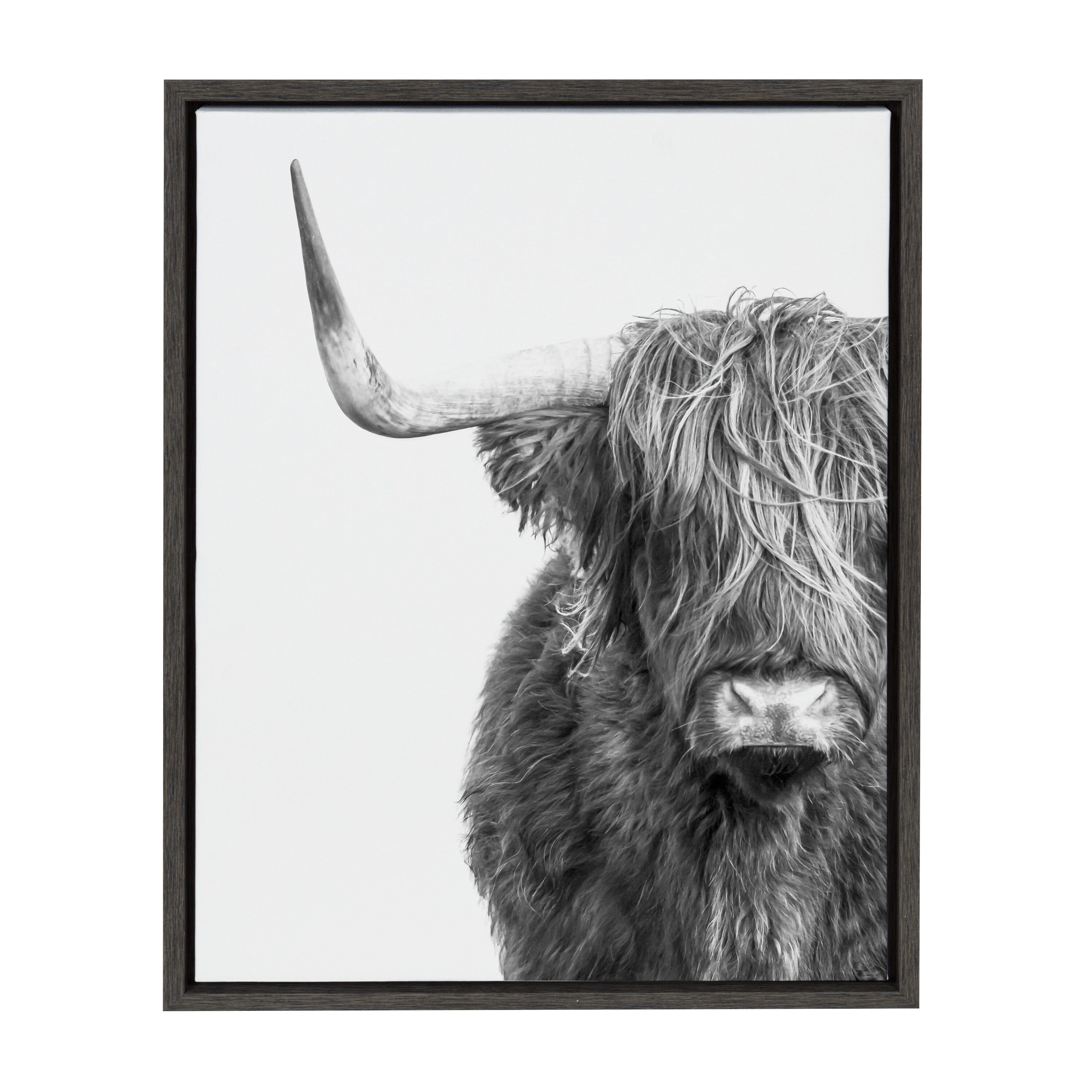 Highland Cow Black & White Print CANVAS WALL ART Square Picture Grey 