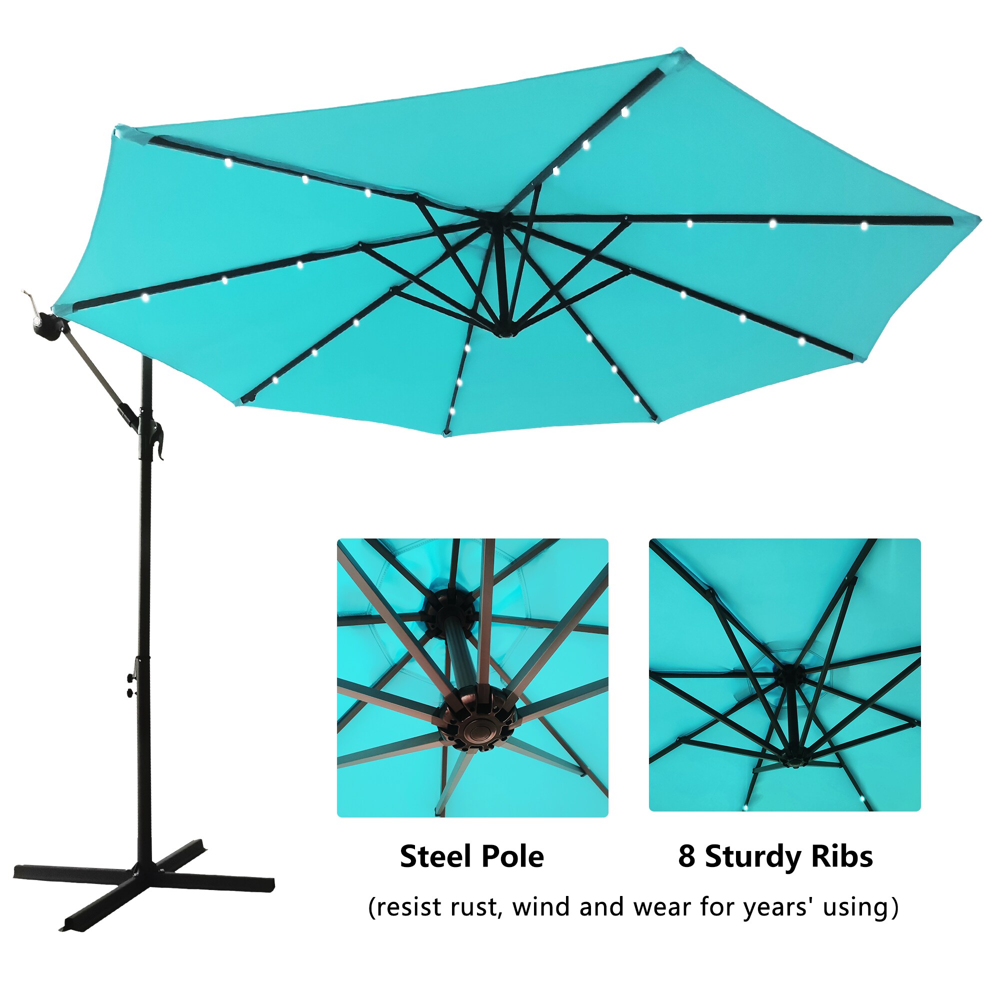 9' Solar 24 LED Lighted Patio Umbrella with 8 Ribs/Tilt Adjustment 
