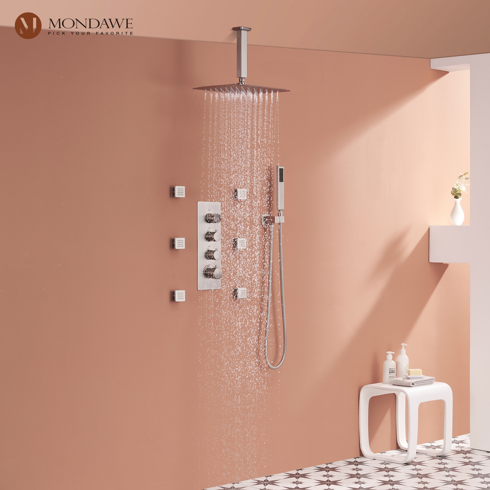 Mondawe Thermostatic Brush Nickel Built-In Shower System in the 