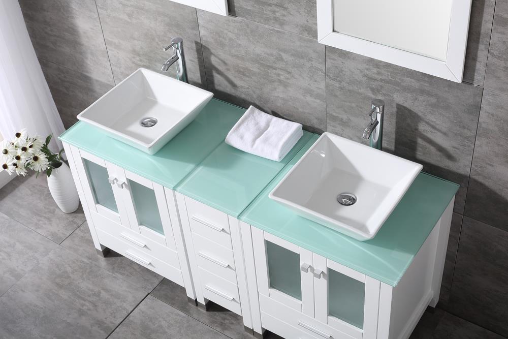 Wonline 60” White Double Bathroom Vanity Wood Cabinet Square Sink Combo Top Ceramic Vessel Sink Chrome Faucet Drain with Mirror Vanities Set