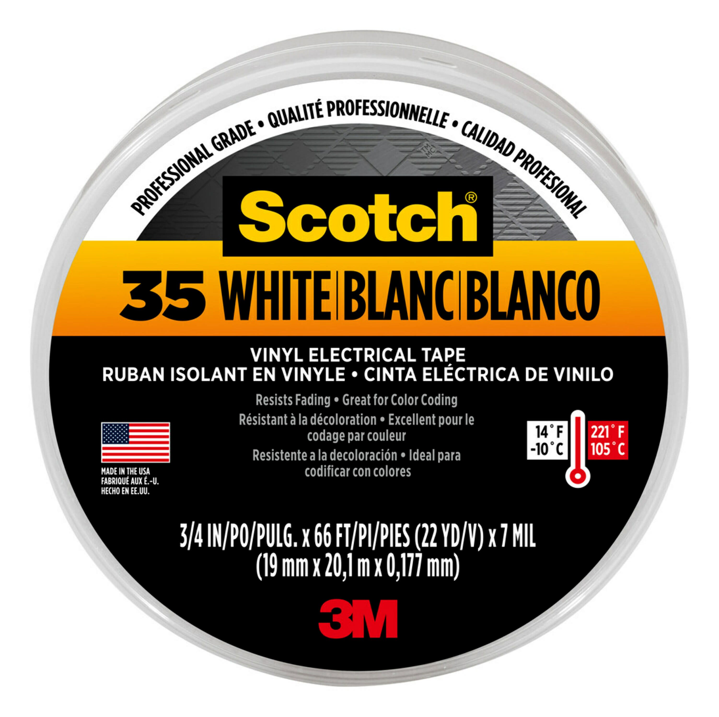3M 35 Scotch Vinyl Electrical Color Coding Tape White 1/2 in x 20 ft 