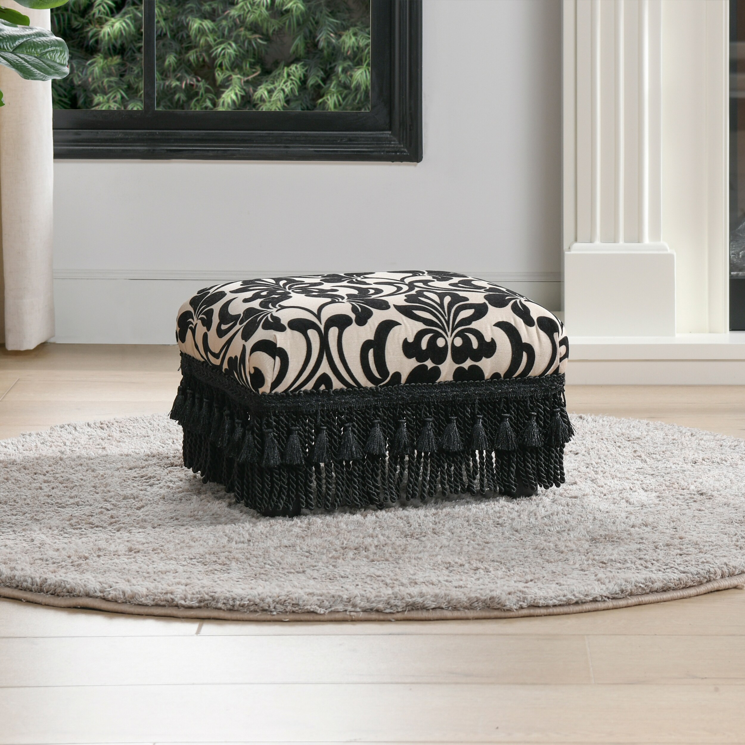 Jennifer Taylor Home Fiona Collection Traditional Style Upholstered Fringed and Tasseled Rectangular Wood Framed Footstool Neutral