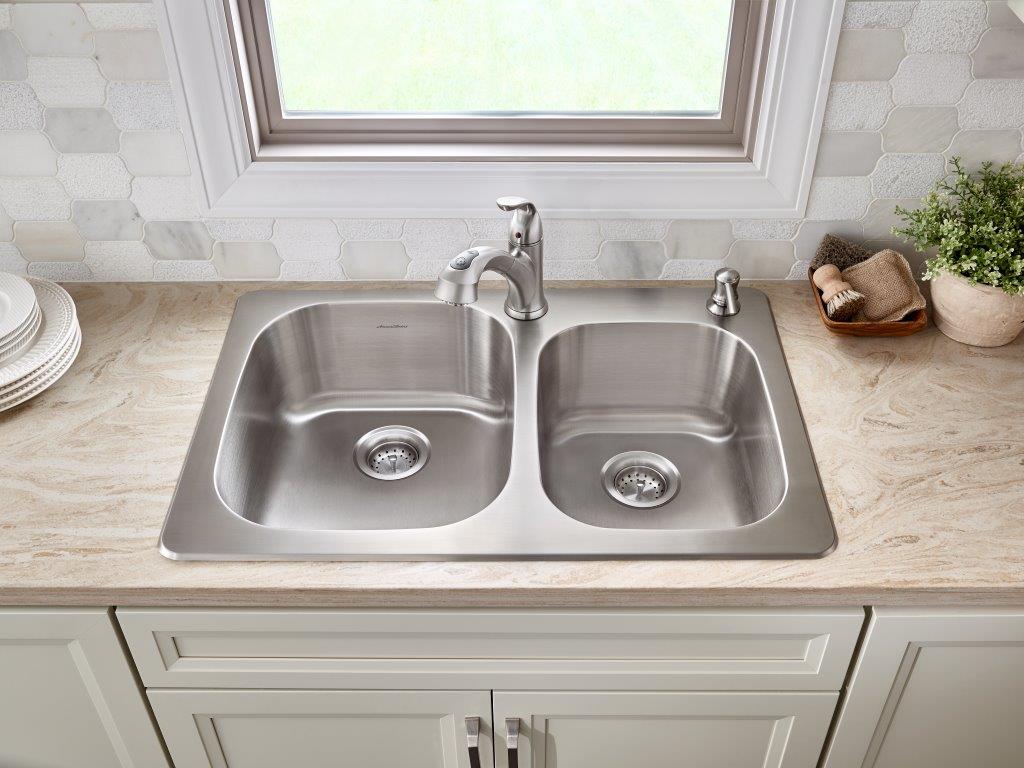 American Standard 20DB.8332284S.075 Colony Top Mount 33x22 Double Bowl Stainless Steel 4-hole Kitchen Sink,