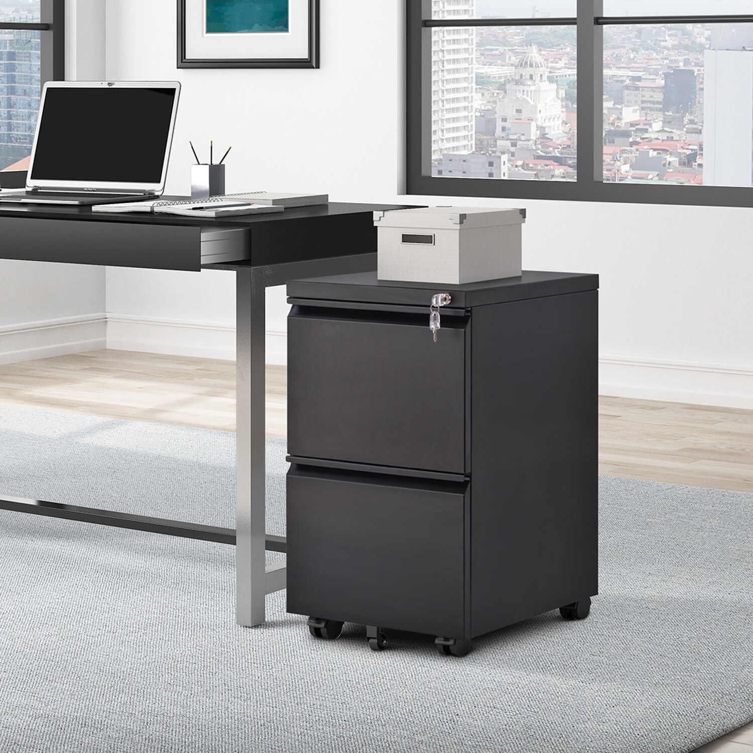 Black Office Filing Cabinet Pedestal Under Desk Storage Unit 2 Drawers Castors 