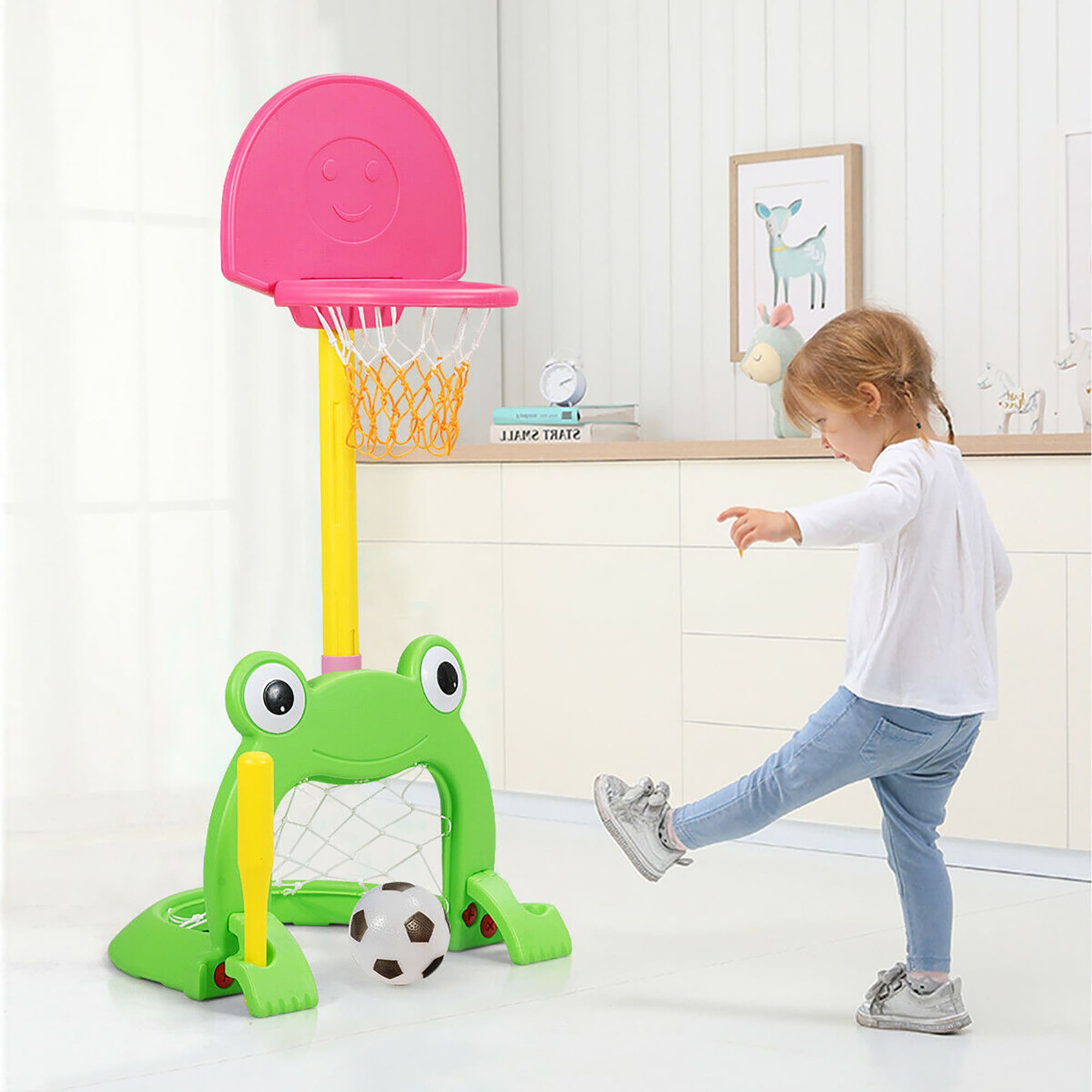 Free Standing 3-in-1 Kids Basketball Hoop Stand Activity Center Play Set Adjust 