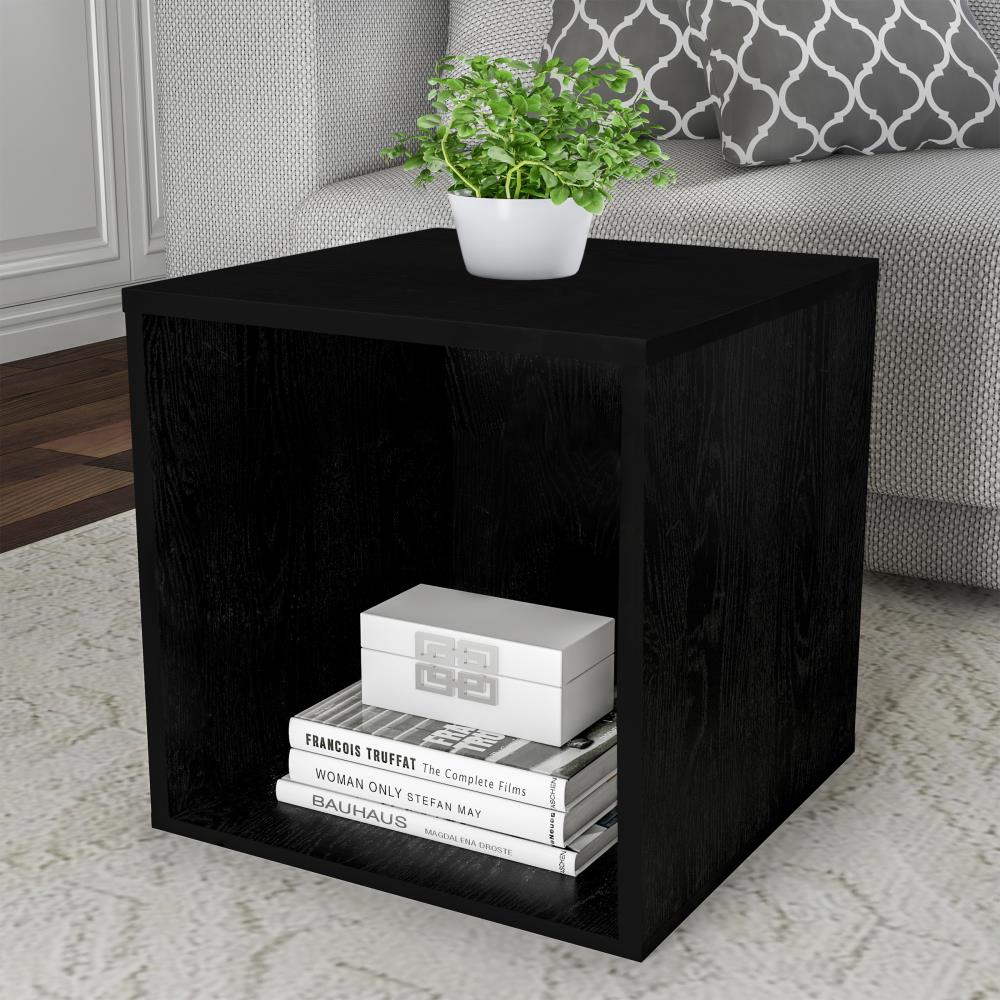 NEW Modern Wood Round Coffee End Side Table with Storage Cube Shelves Black 