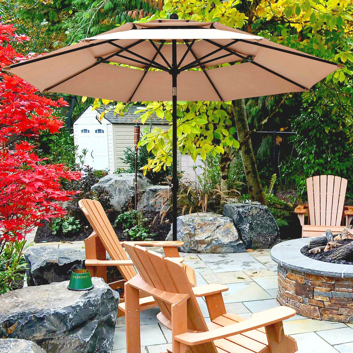 Adjustable 10FT Sun Shading Wooden Umbrella Outdoor Patio Market Garden Beach US 
