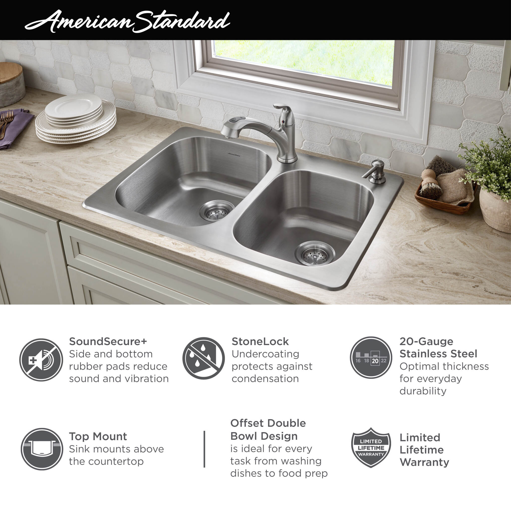 American Standard 20DB.8332284S.075 Colony Top Mount 33x22 Double Bowl Stainless Steel 4-hole Kitchen Sink,