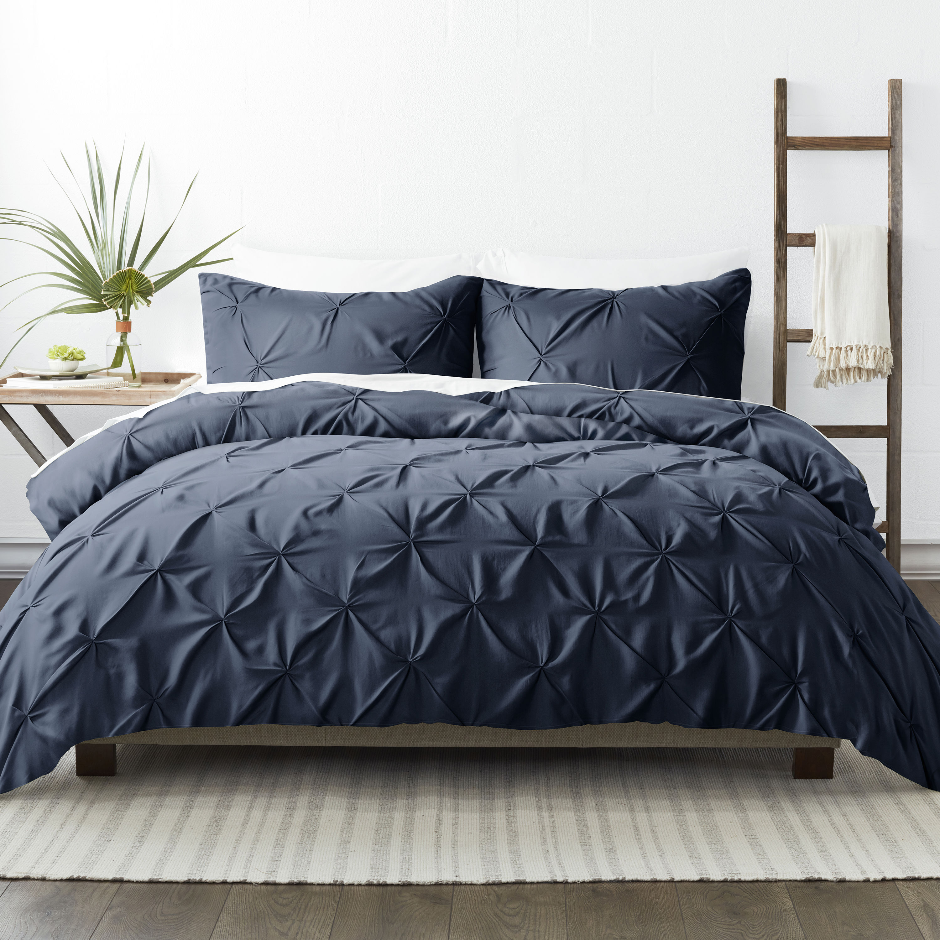 Solid Navy Blue Pintuck Pleated 3 pc Comforter Set Twin Full Queen King Bedding 