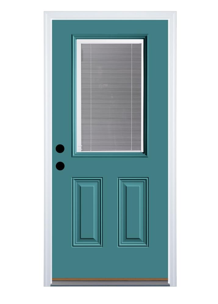 Therma-Tru Benchmark Doors 36-in x 80-in Steel Half Lite Right-Hand Inswing Teal Painted Prehung Single Front Door with Brickmould Insulating Core with Blinds in the Front Doors department at Lowes.com