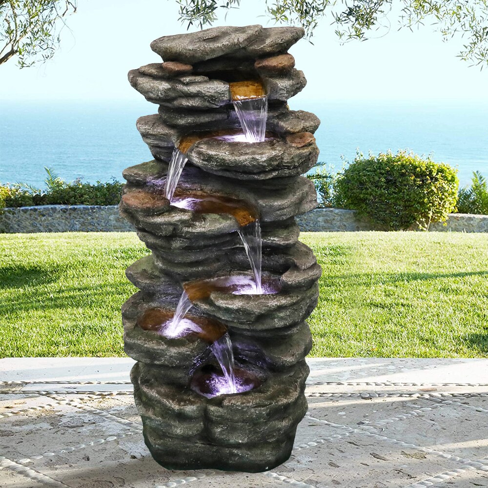 Outdoor Water Fountain With LED Lights 4 Tier Pots Patio Garden Yard Waterfall 
