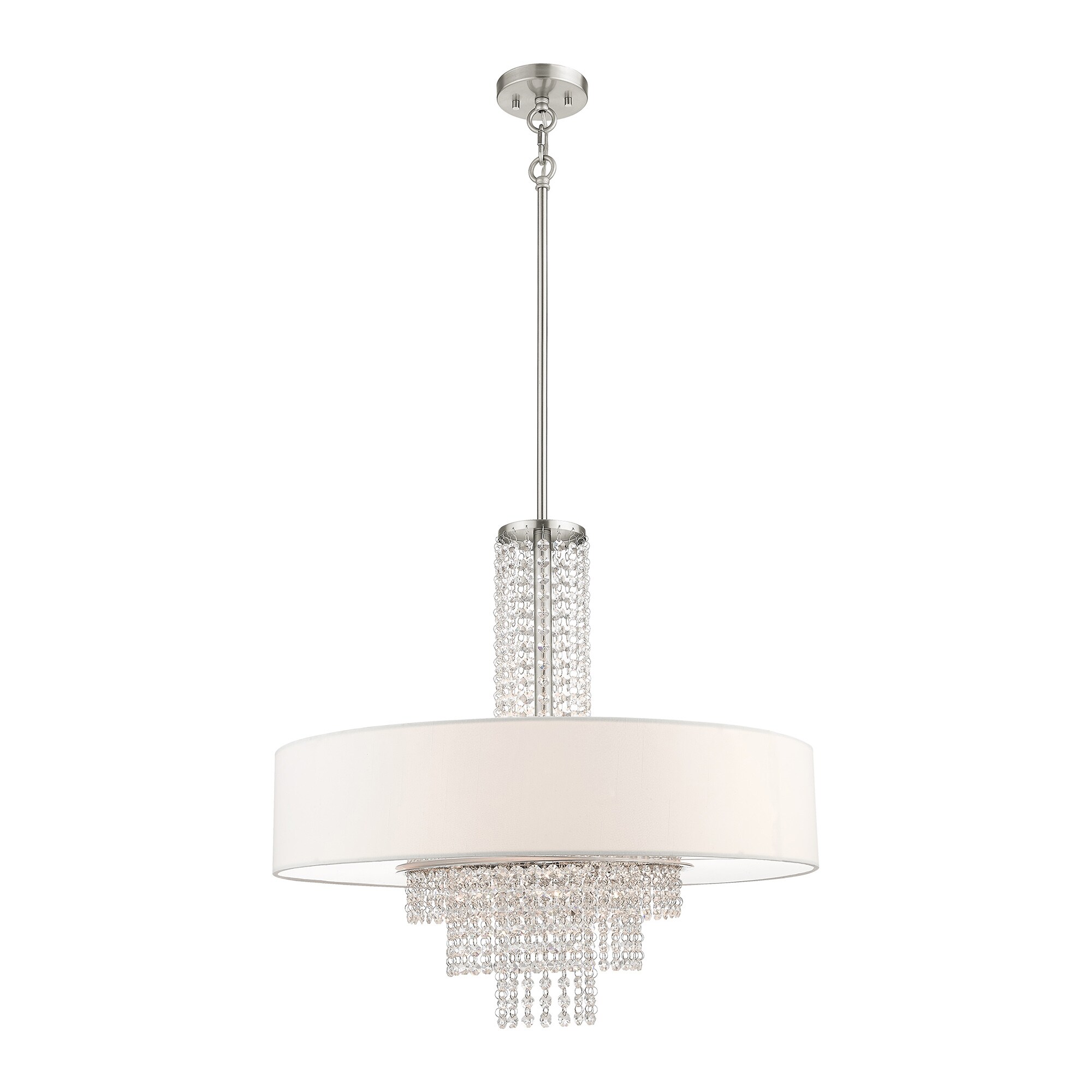 Brushed Nickel Finish with Satin White Acrylic Glass with Off-White Fabric Shade with Clear Crystal Five Light Chandelier Livex Lighting 51034-91 Carlisle