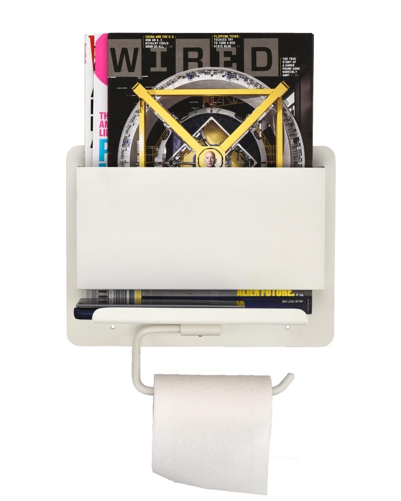 AdirHome White Single Post Toilet Paper Holder with Magazine Rack and Shelf 
