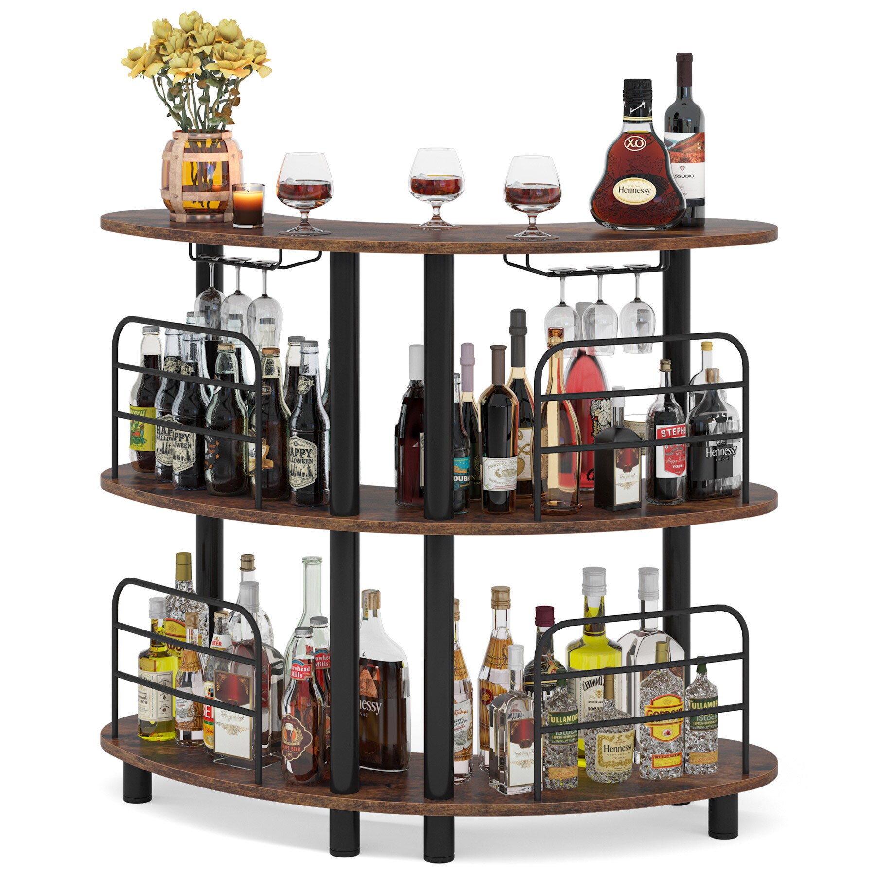 Half Moon Black Bar Unit Tempered Glass Table Contemporary Wine Beverage Drink