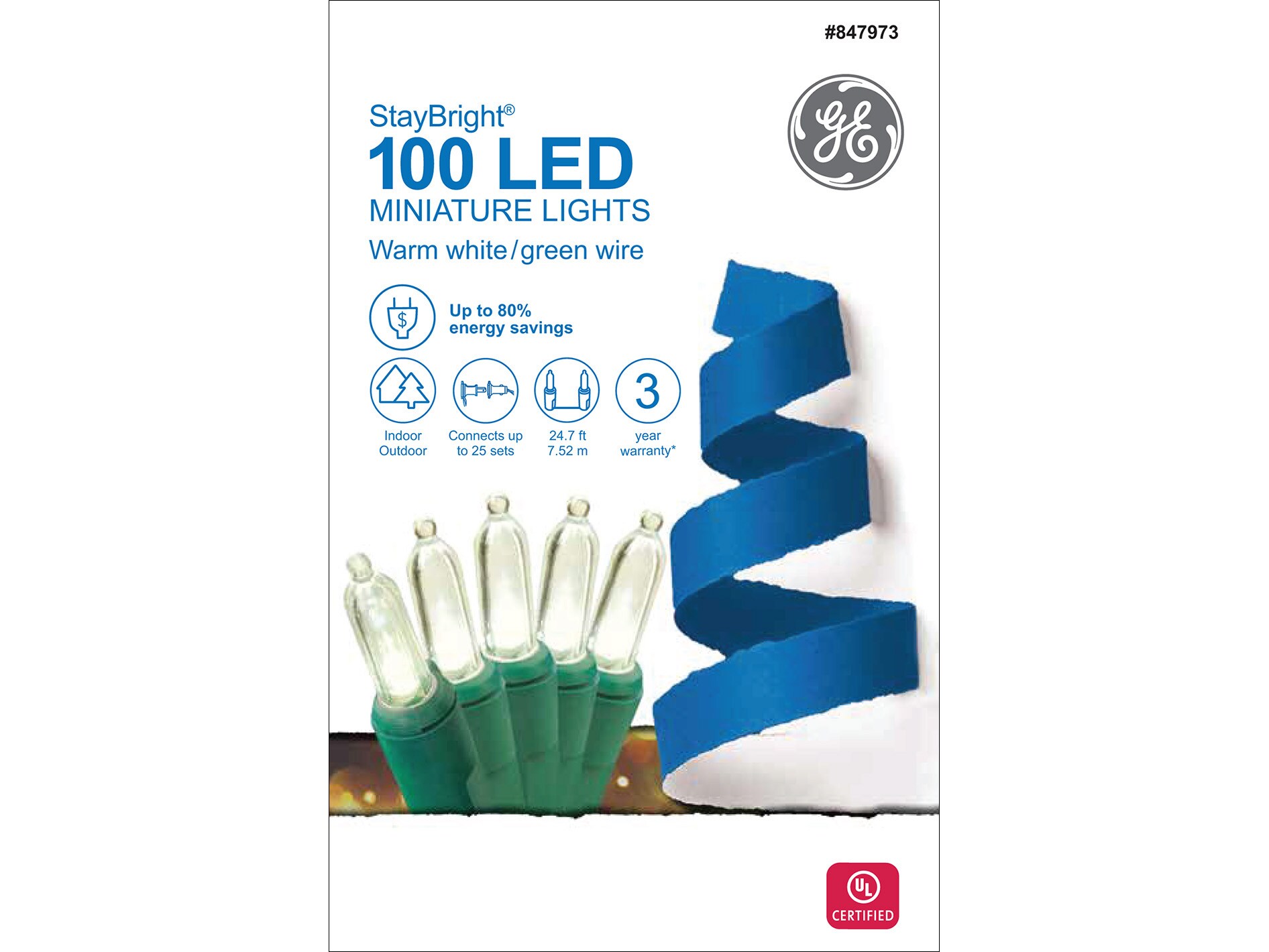 GE Micro-Style Lights 100 LED Staybright Cool White Green String 24.7 Ft NEW 