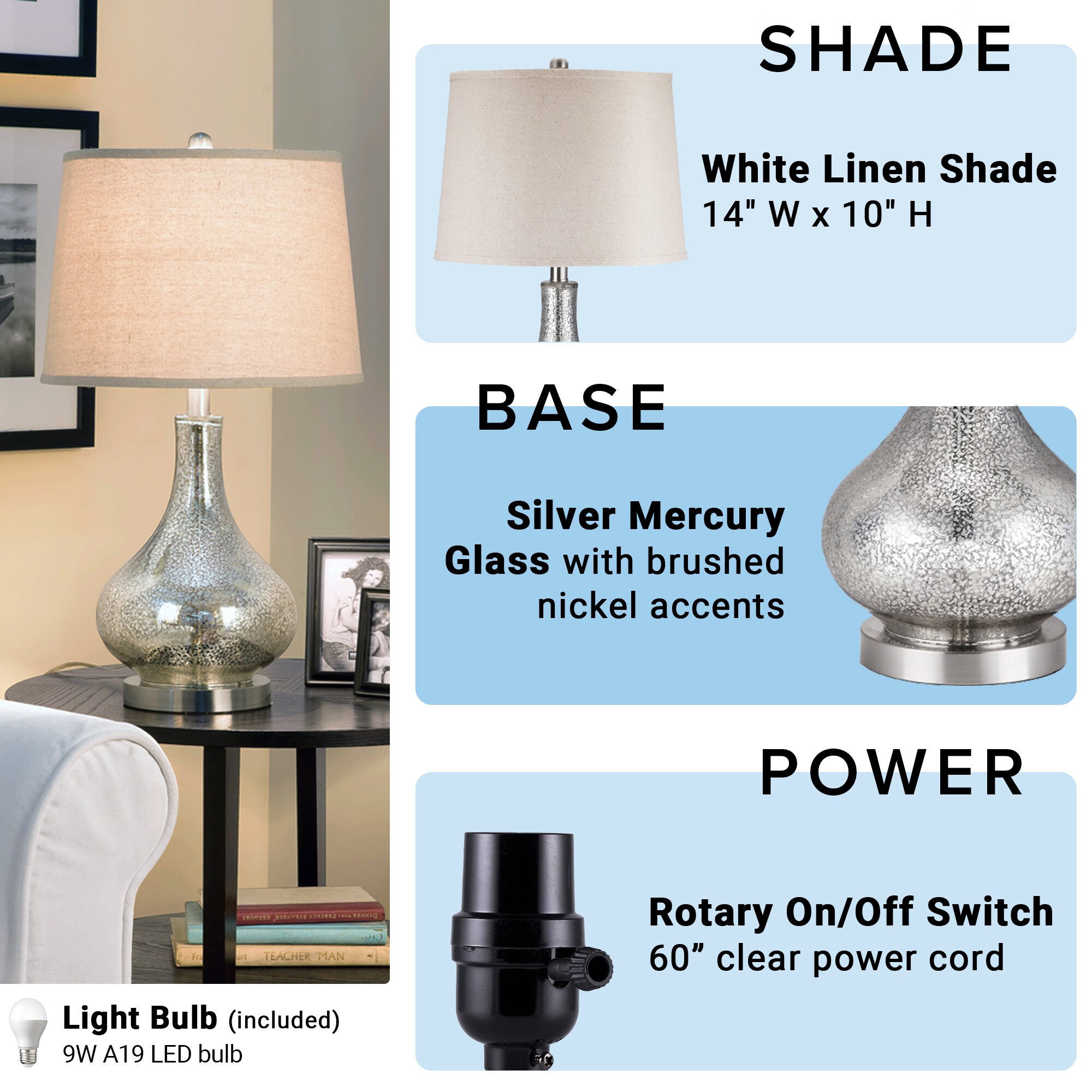 Catalina 24-in Brushed Nickel and Silver Mercury Glass 3-way Table Lamp  with Linen Shade