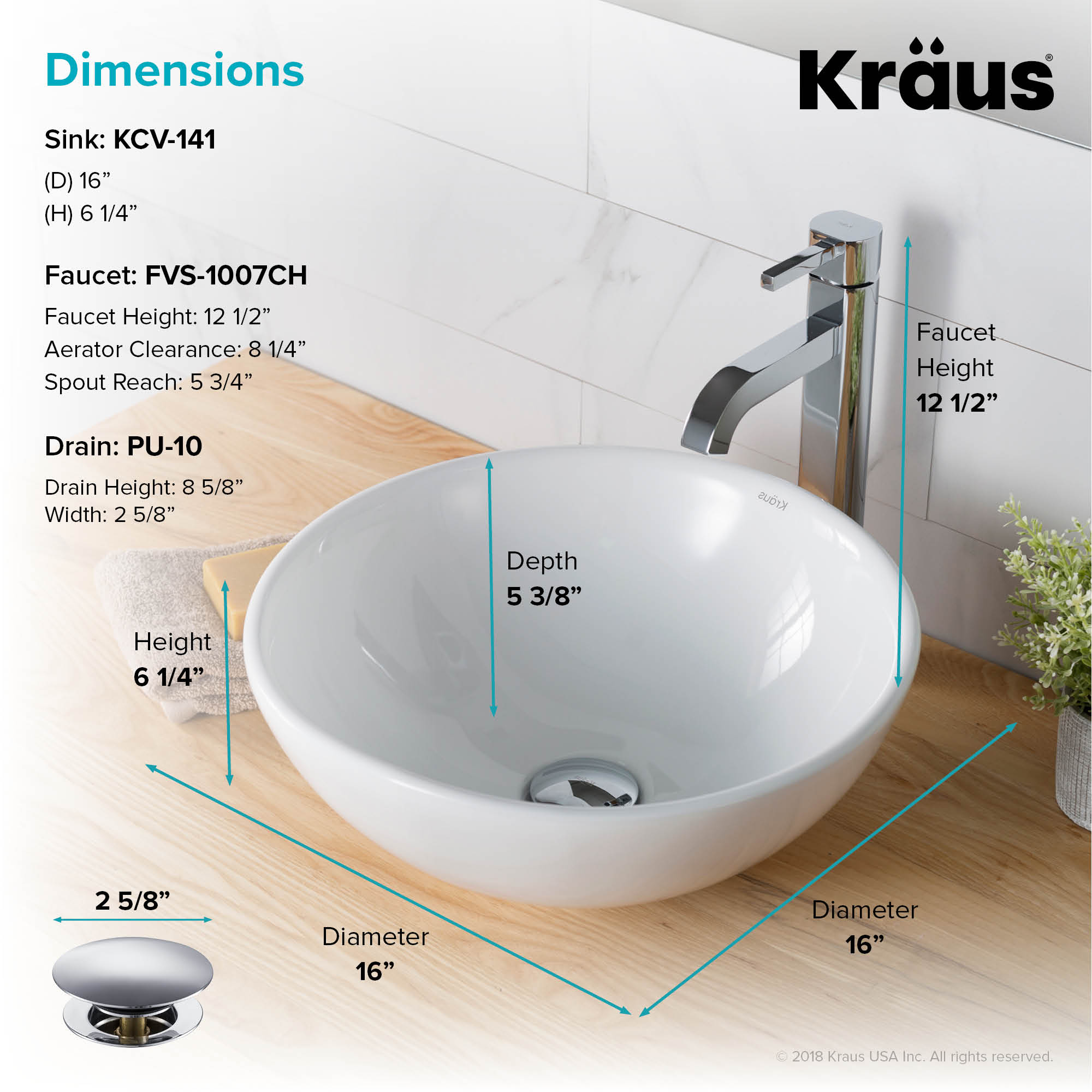 Kraus Chrome Ceramic Vessel Round Modern Bathroom Sink with Faucet Drain Included (15.7-in x 15.7-in)