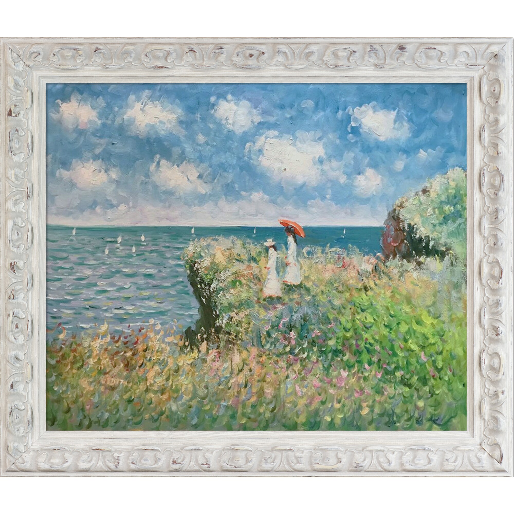 La Pastiche Hand Painted Oil on Canvas Cliff Walk At Pourville by Claude Monet Framed 29 x 25 Multi-Color 