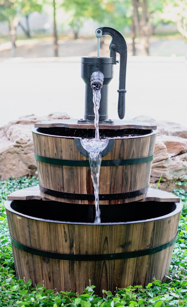 3 Tier Barrel Waterfall Fountain Barrel Water Fountain Pump Outdoor Garden Wood 