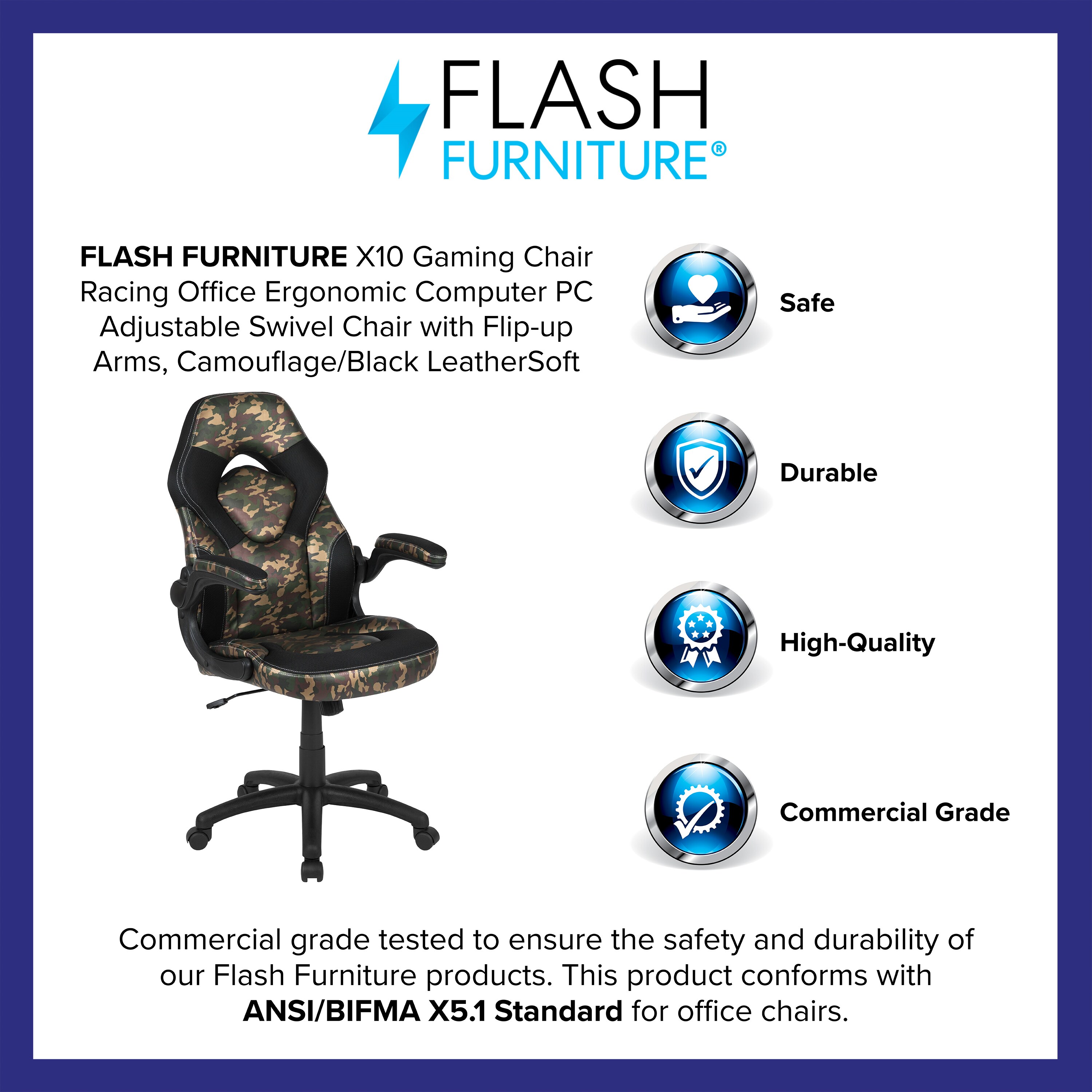 Camouflage/Black LeatherSoft Gaming Ergonomic Adj Swivel Chair Flip-up Arms 