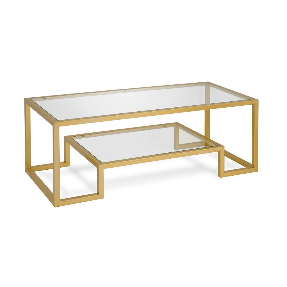 Henn&Hart 3-Shelf Metal Rectangular Side Table in Brass Finish with Glass Top 