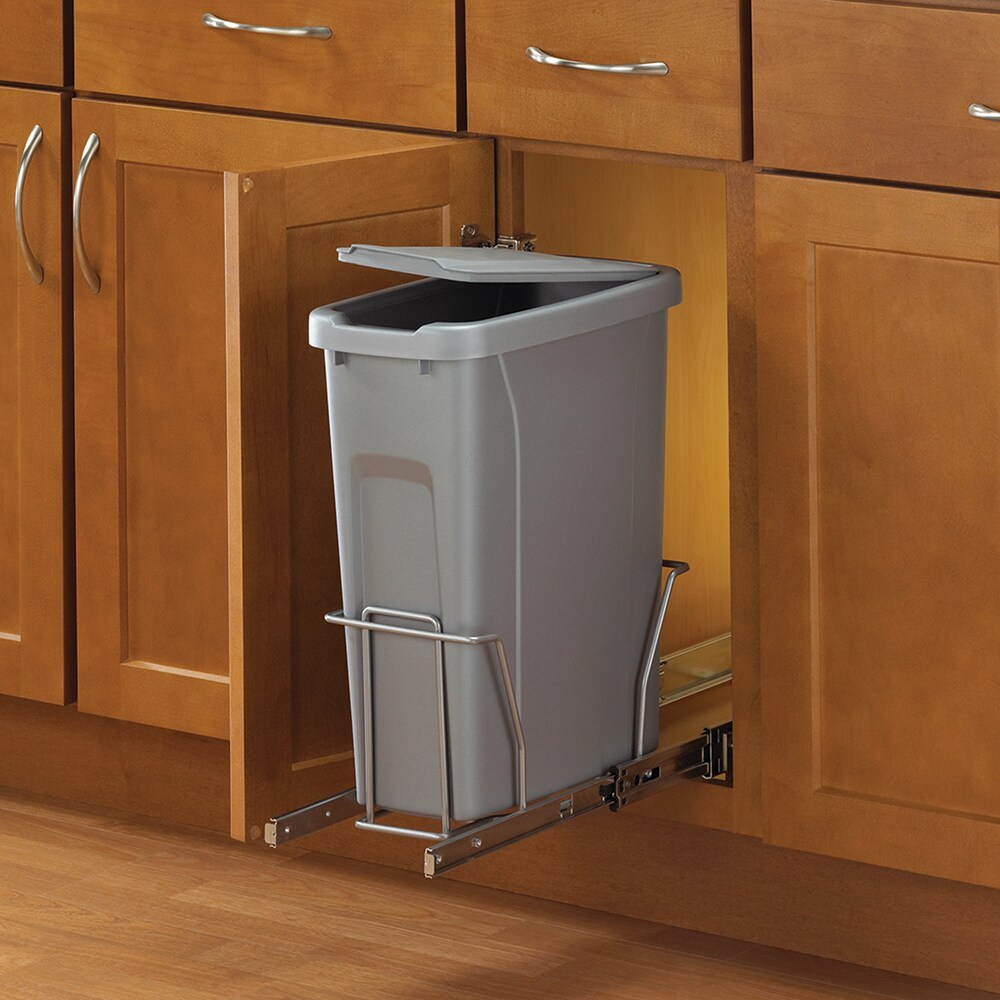 In-Cabinet Sliding White Trash Can Single Pull-Out Waste Bin Plastic Lid 20 Qt 