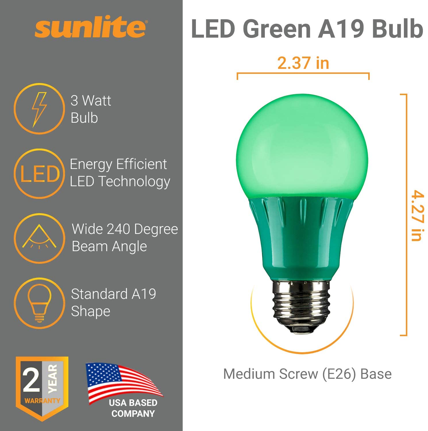 Energetic 25 W Equivalent 2W Green A19 LED Decorative Light Bulb 