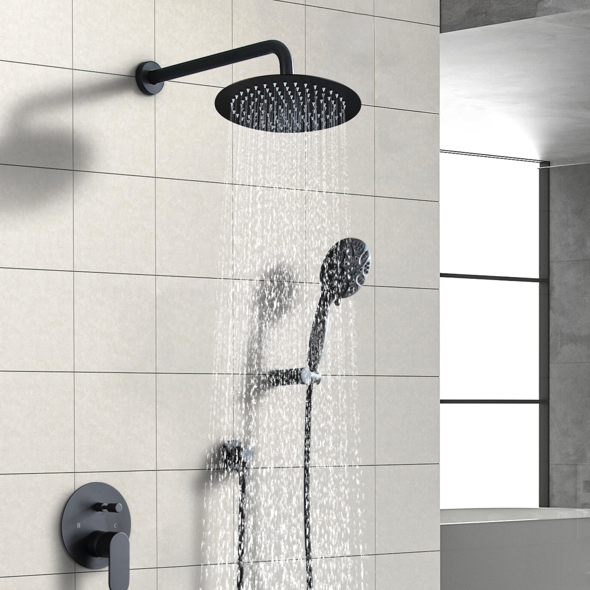 Mondawe Matte Black Waterfall Built-In Shower System In The Shower ...