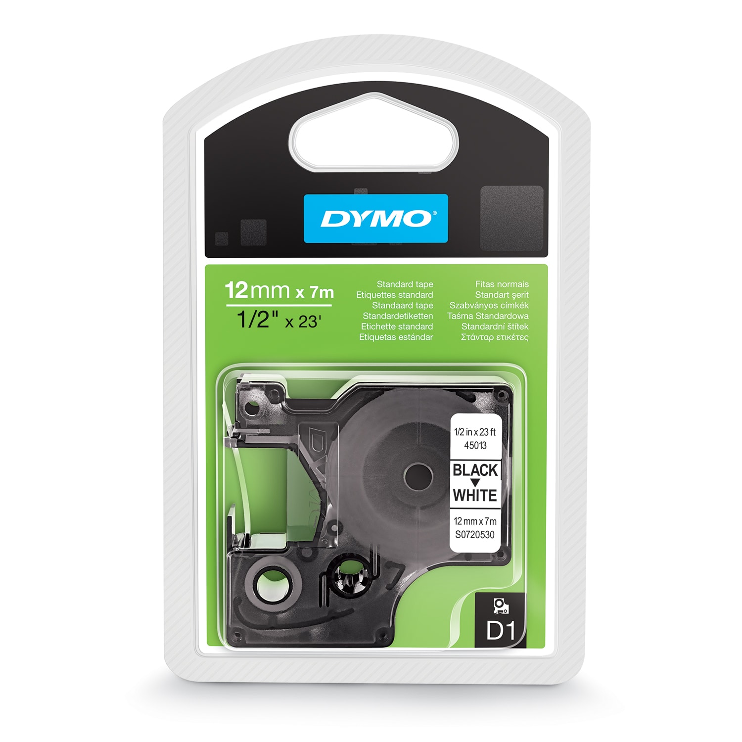 5 x  Dymo D1 Labelling Tape Cartridge Cassette 12mmx7m Black On White 45013 