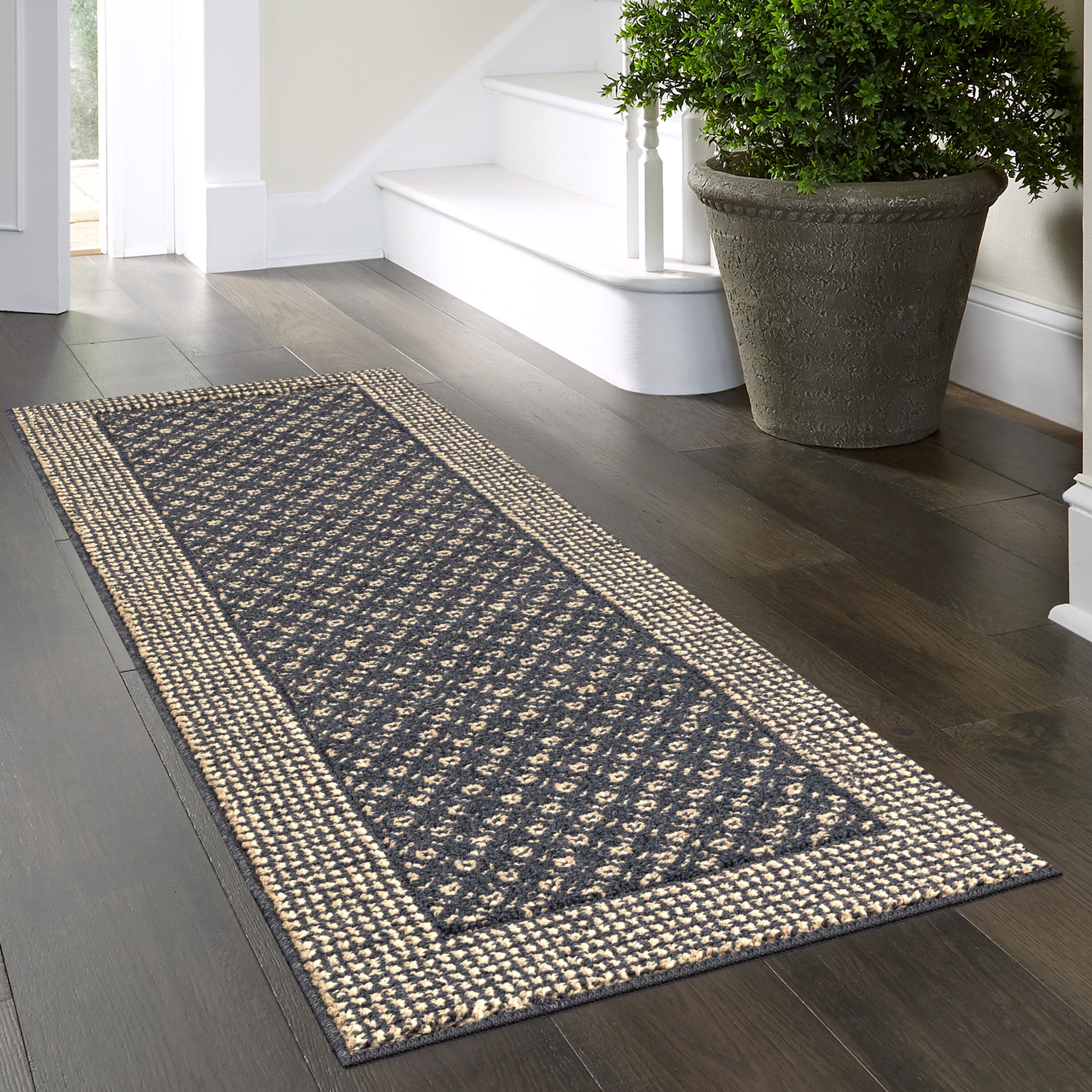 Maples Rugs 2 x 6 Indigo Indoor Border Washable Runner Rug in the Rugs