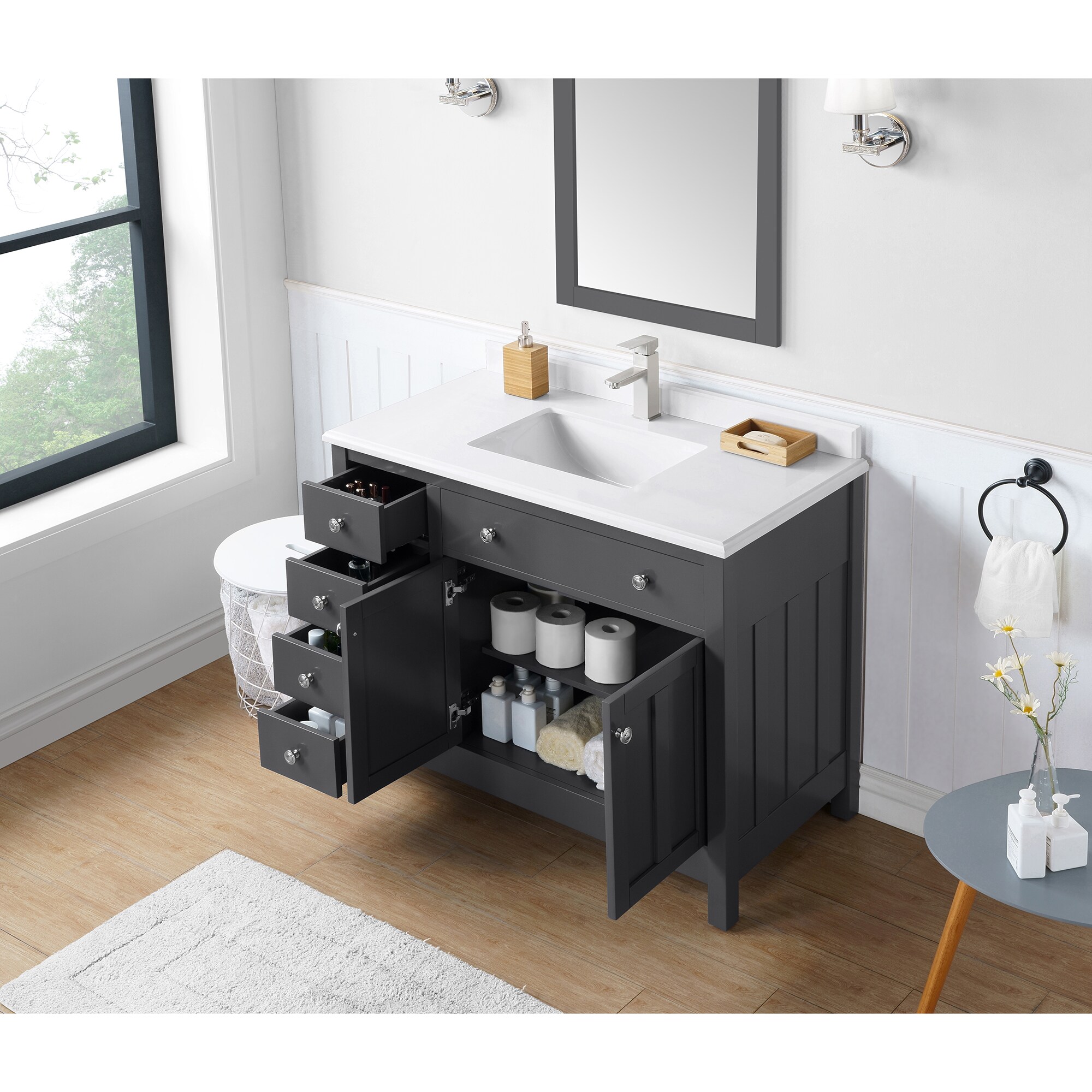 600 Bathroom Vanity Unit Countertop Basin Round Circular Floor Standing Charcoal 