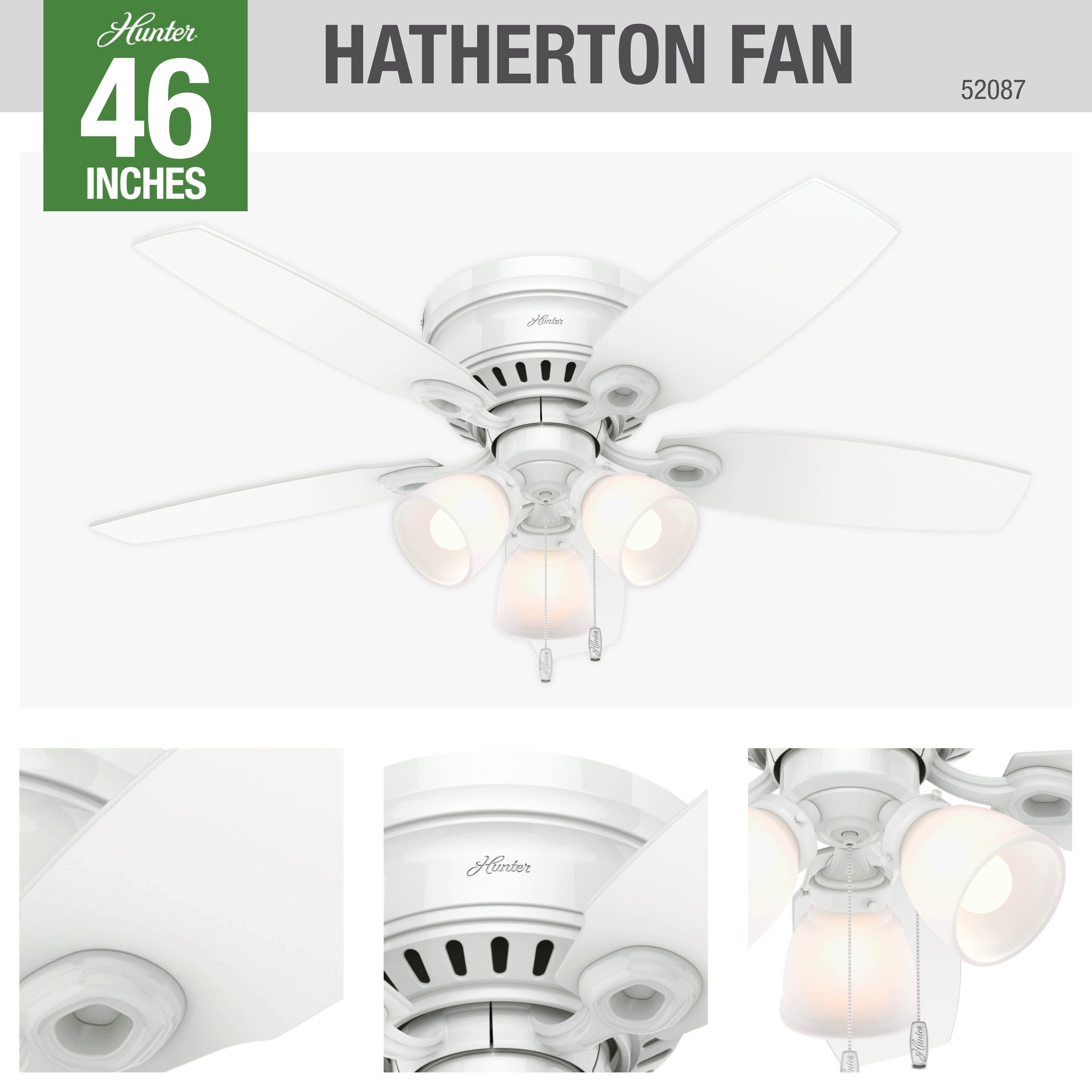 Open Box Hunter Hatherton 46" Low Profile Ceiling Fan w/ Lights & Chain White 