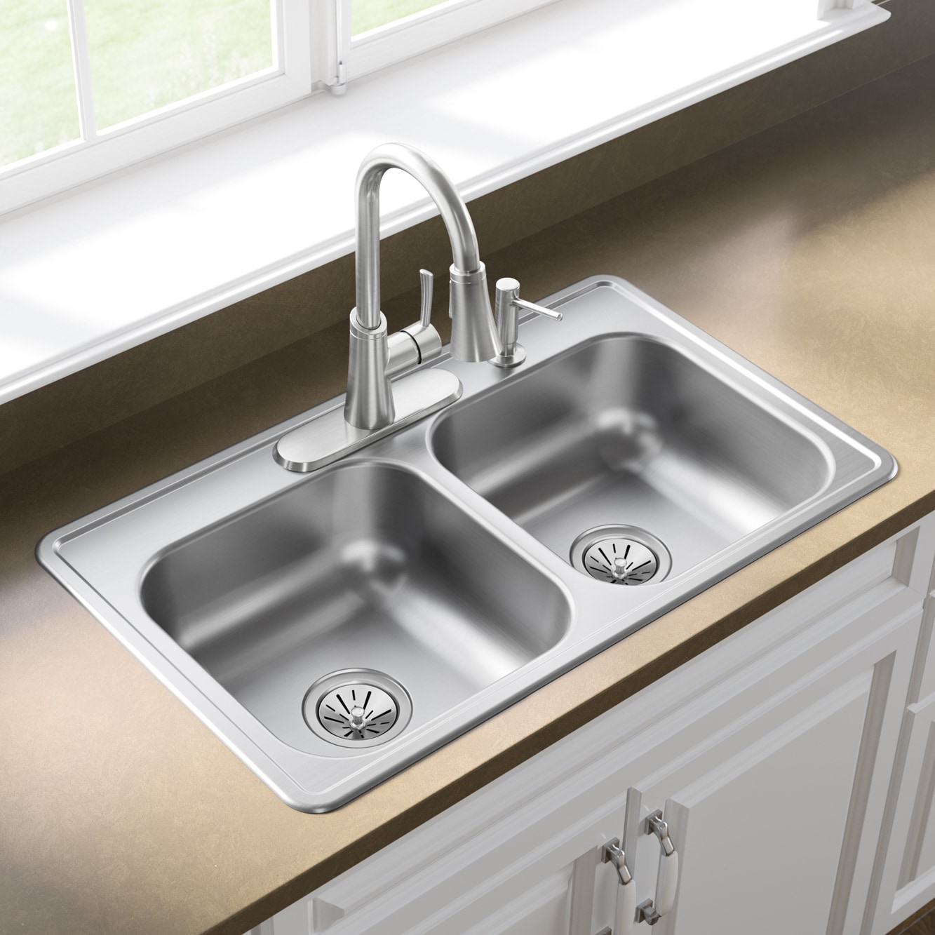Drop In Double Bowl Basin 4-Hole Top Mount Stainless Steel Kitchen Sink 33 in 