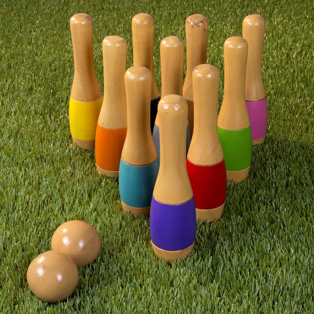 Wooden Lawn Bowling Set 11 Inch Pin Balls Hand Painted Mesh Bag Outdoor Indoor 