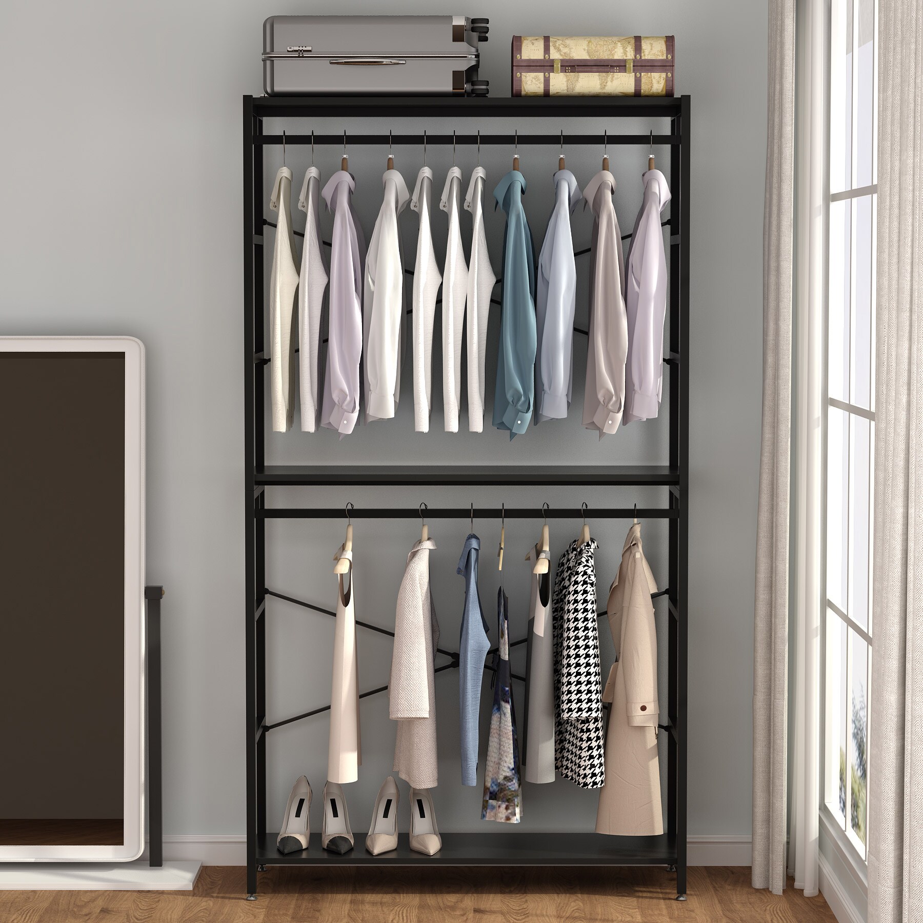 Double Canvas Grey Wardrobe Clothes Hanging Rail Shelves Storage Shelf Cupboard 
