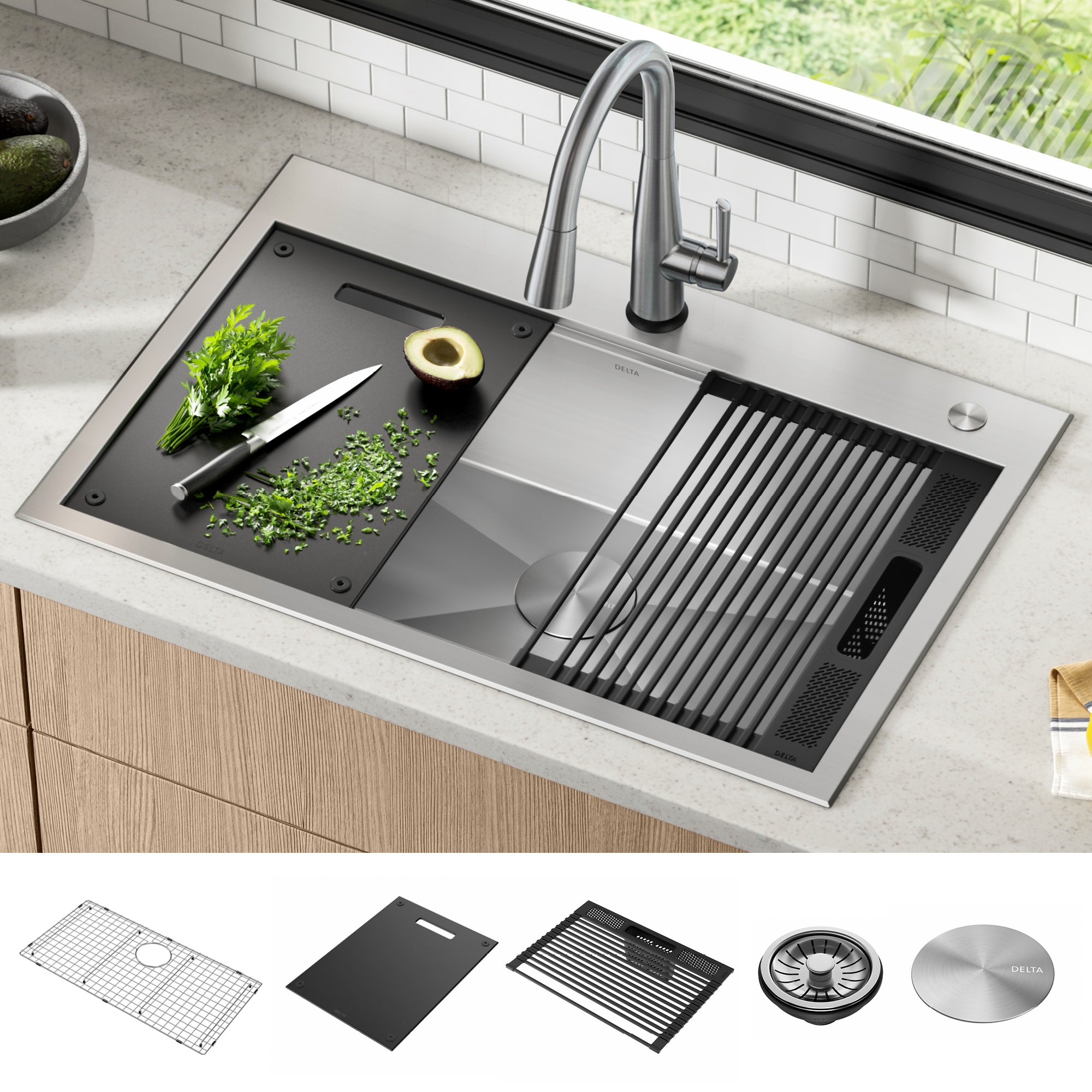 Delta Rivet Drop In 255 in x 255 in Stainless Steel Single Bowl 25 Hole  Workstation Kitchen Sink with Drainboard