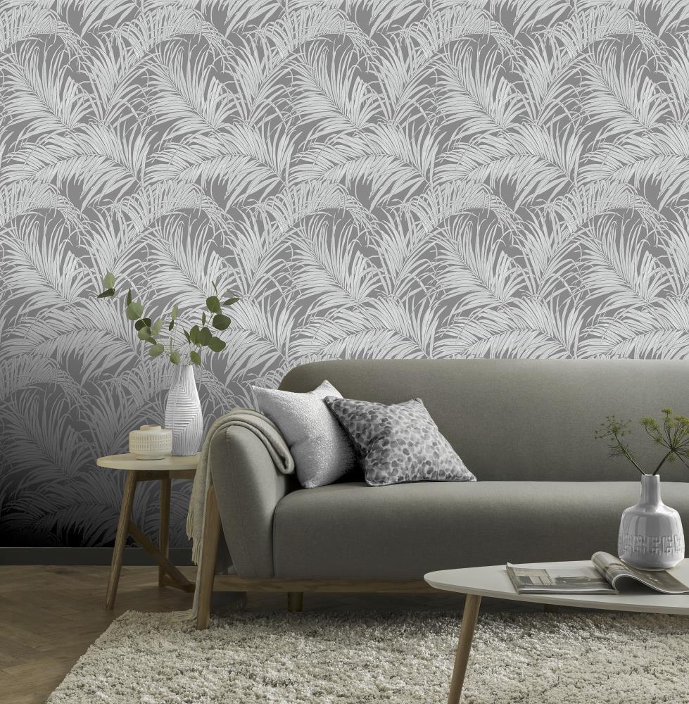 Arthouse Palm Gunmetal Grey Kiss Foil Non Woven Wallpaper in the