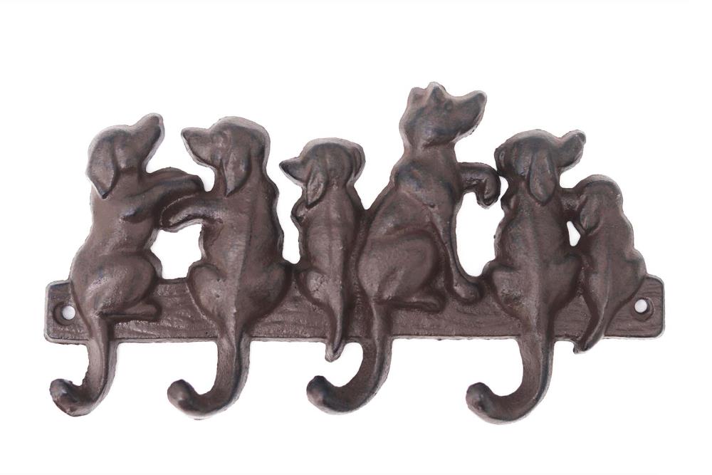 Dog Woof Key Holder Cast Iron Wall Mounted 3 Hooks Rustic Brown Antique Style 