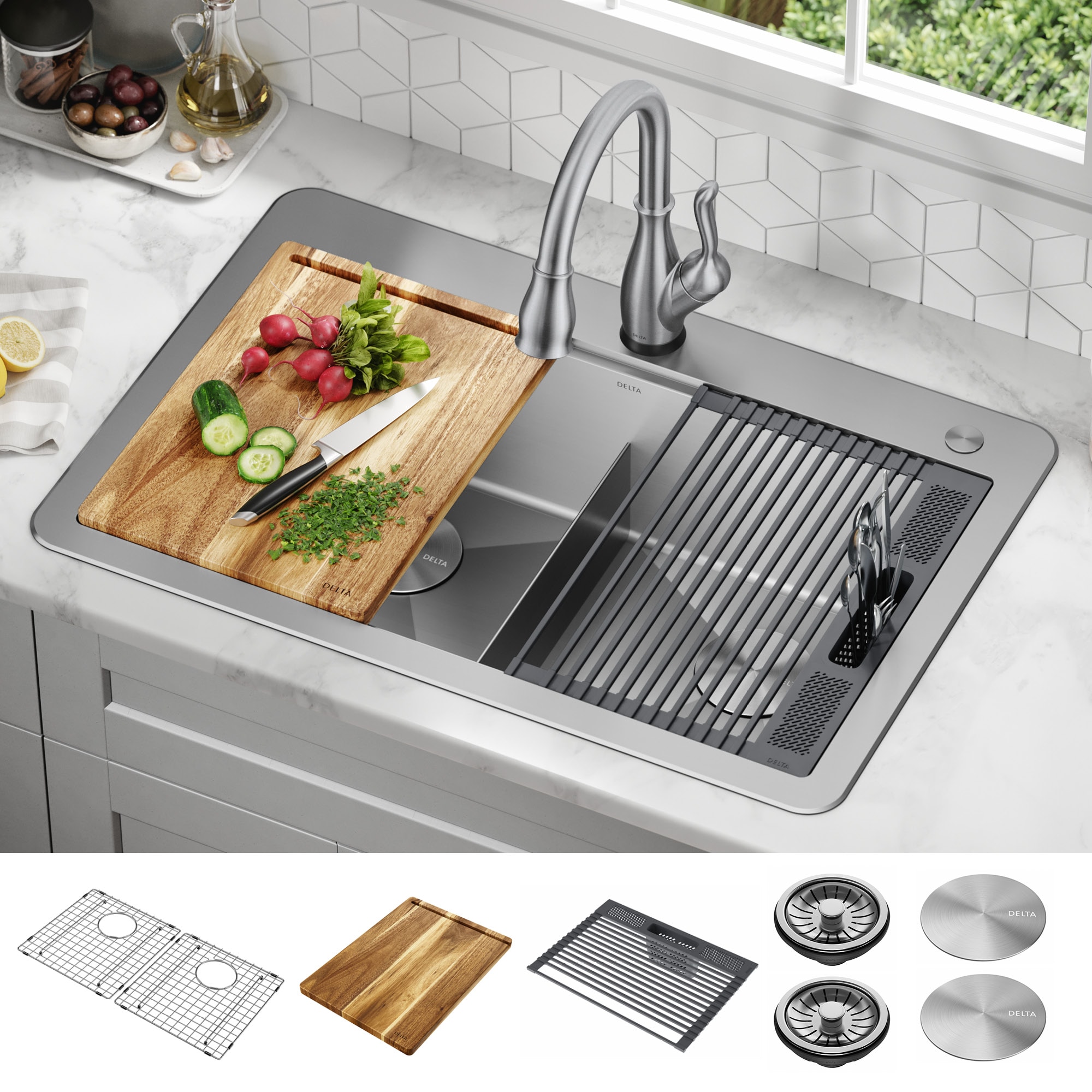 Delta Lorelai Drop In 255 in x 255 in Stainless Steel Double Equal Bowl  25 Hole Workstation Kitchen Sink with Drainboard